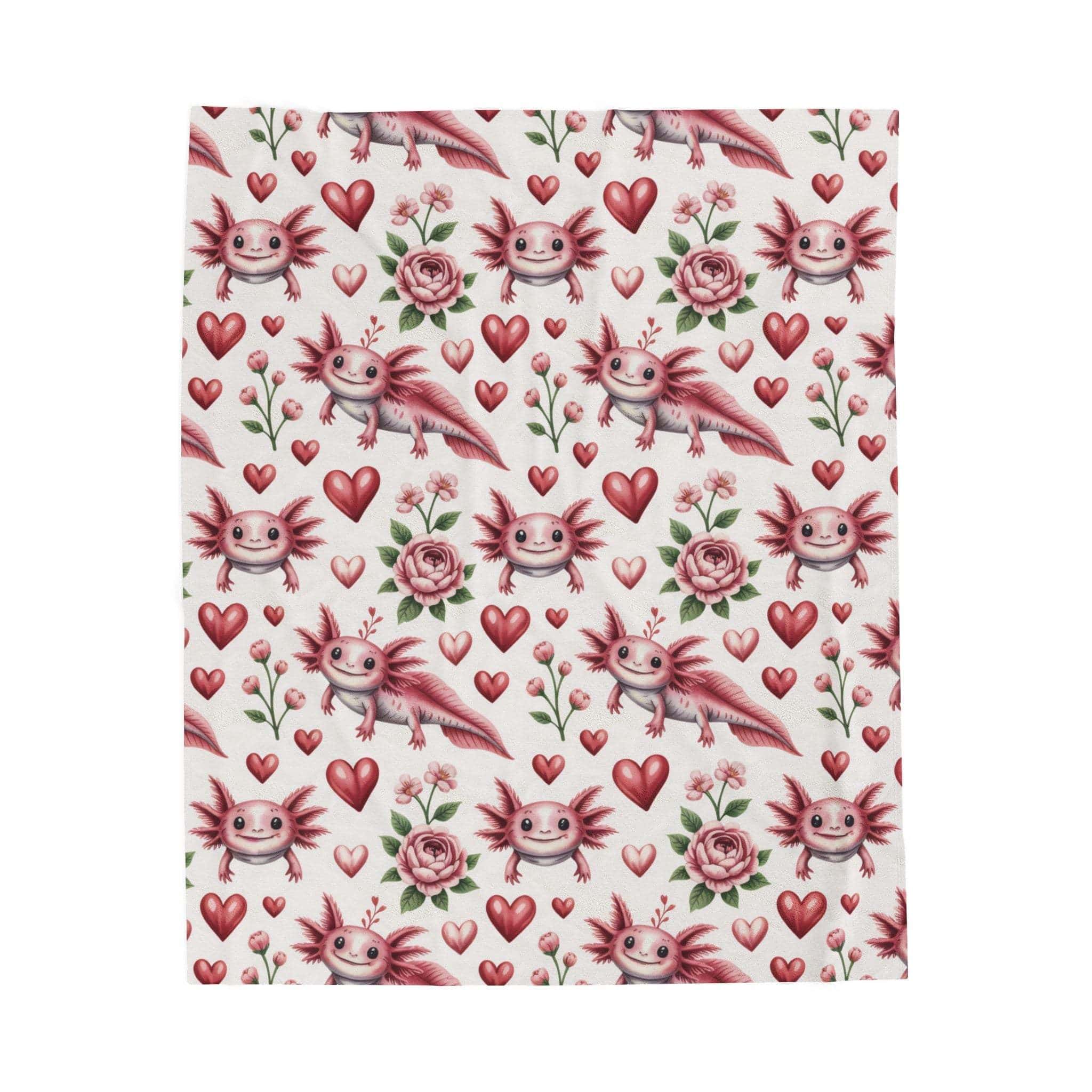 Floral axolotl printed velveteen blanket with heart and blossom design