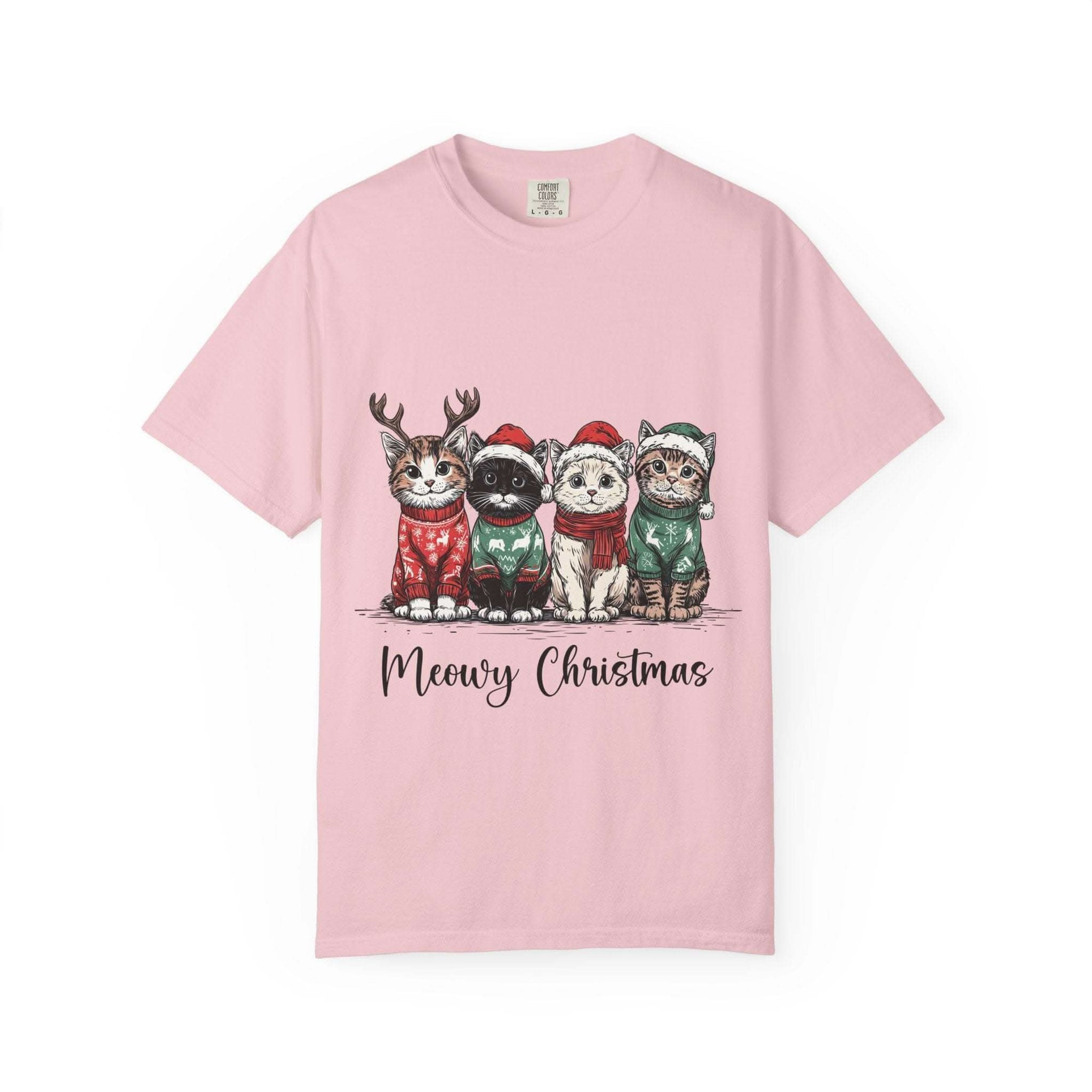Bay Cat Lover T-shirt with Meowy Christmas design from Printify, perfect festive gift for cat enthusiasts.