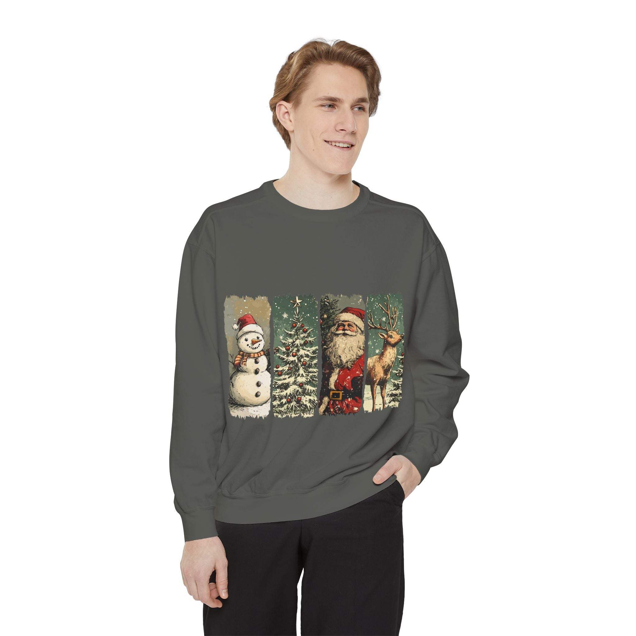 Man wearing vintage Christmas sweatshirt with watercolor snowman, tree, Santa, and reindeer design