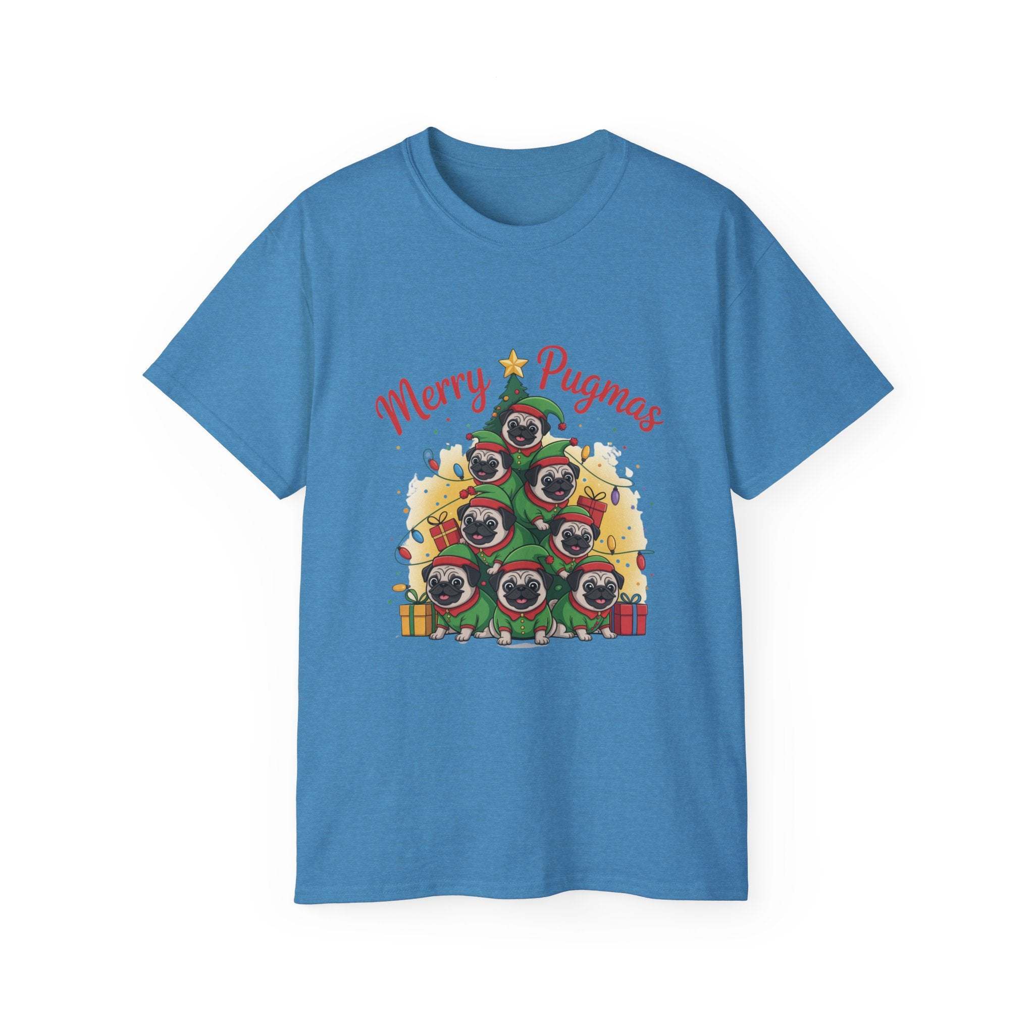 Black Merry Pugmas holiday t-shirt from Printify, featuring festive pug design for dog lovers.