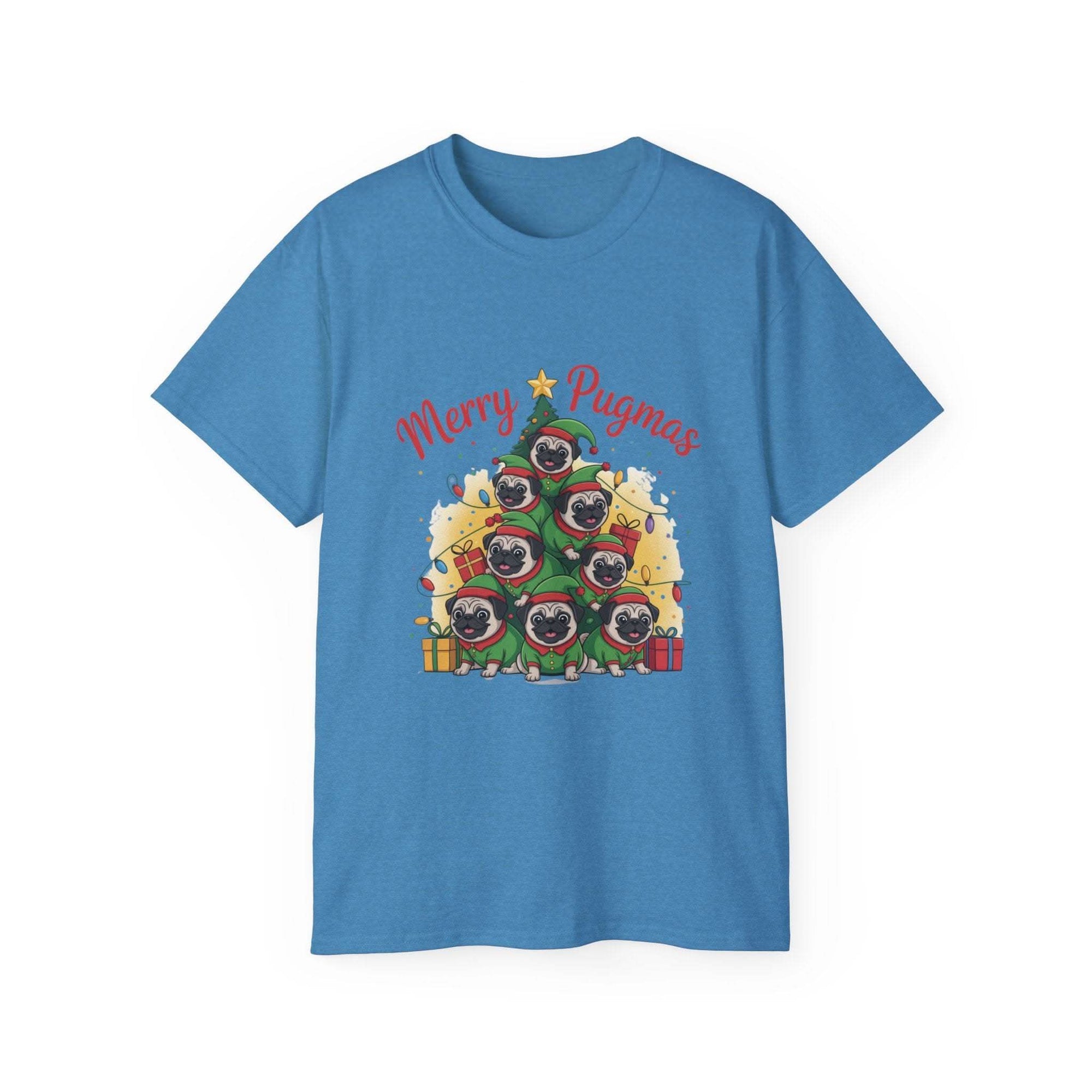Black Merry Pugmas holiday t-shirt from Printify, featuring festive pug design for dog lovers.