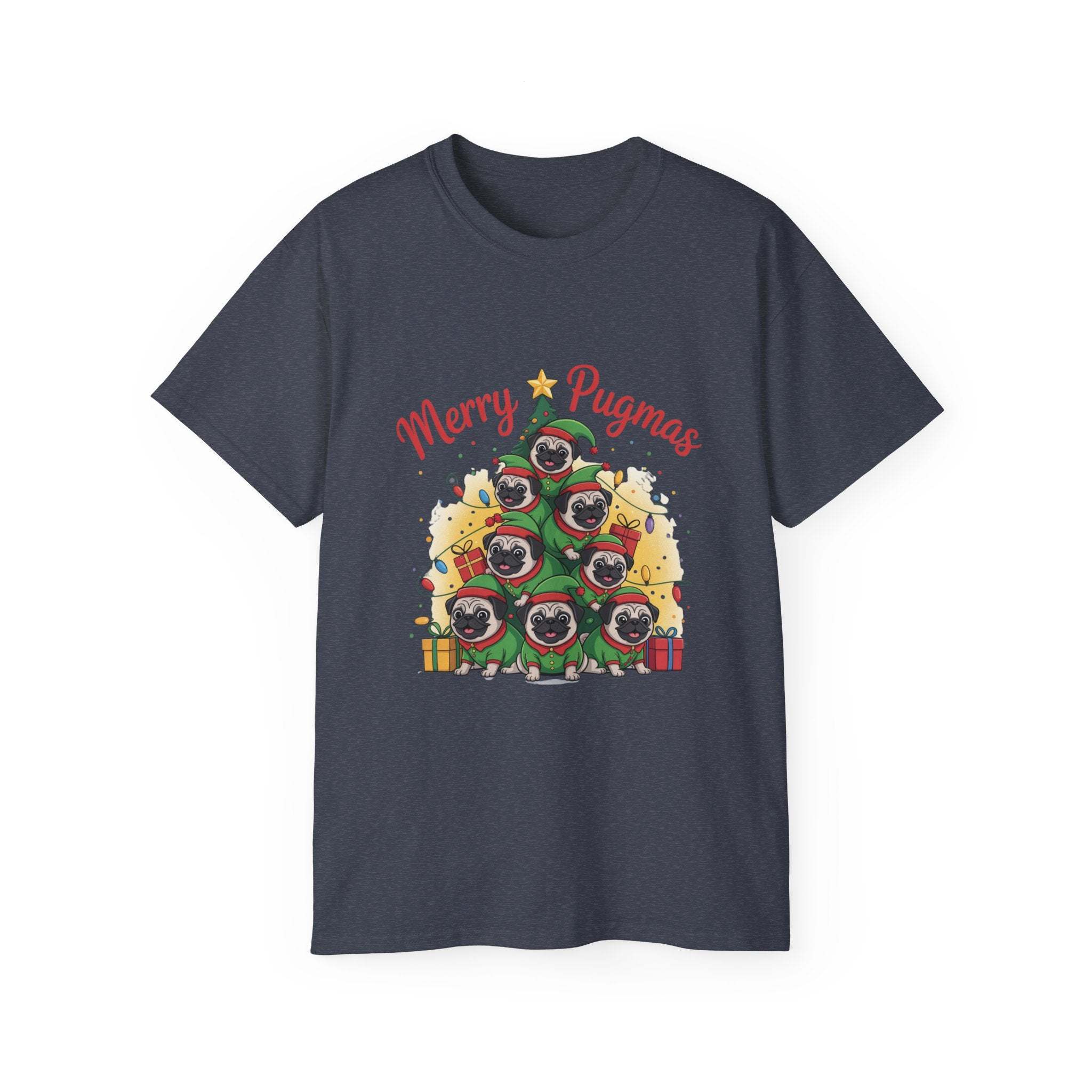 Black Merry Pugmas holiday t-shirt from Printify, featuring festive pug design for dog lovers.