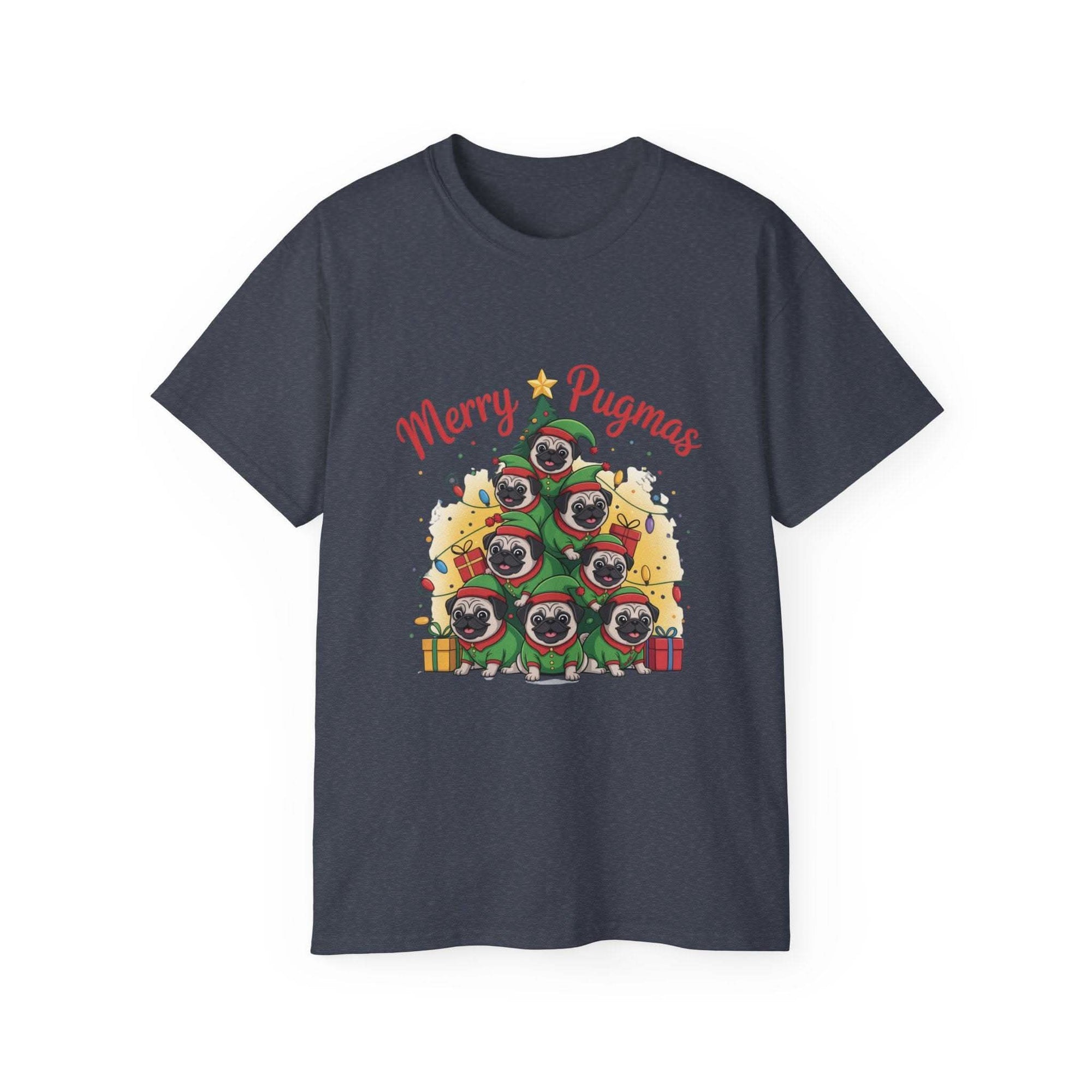 Black Merry Pugmas holiday t-shirt from Printify, featuring festive pug design for dog lovers.