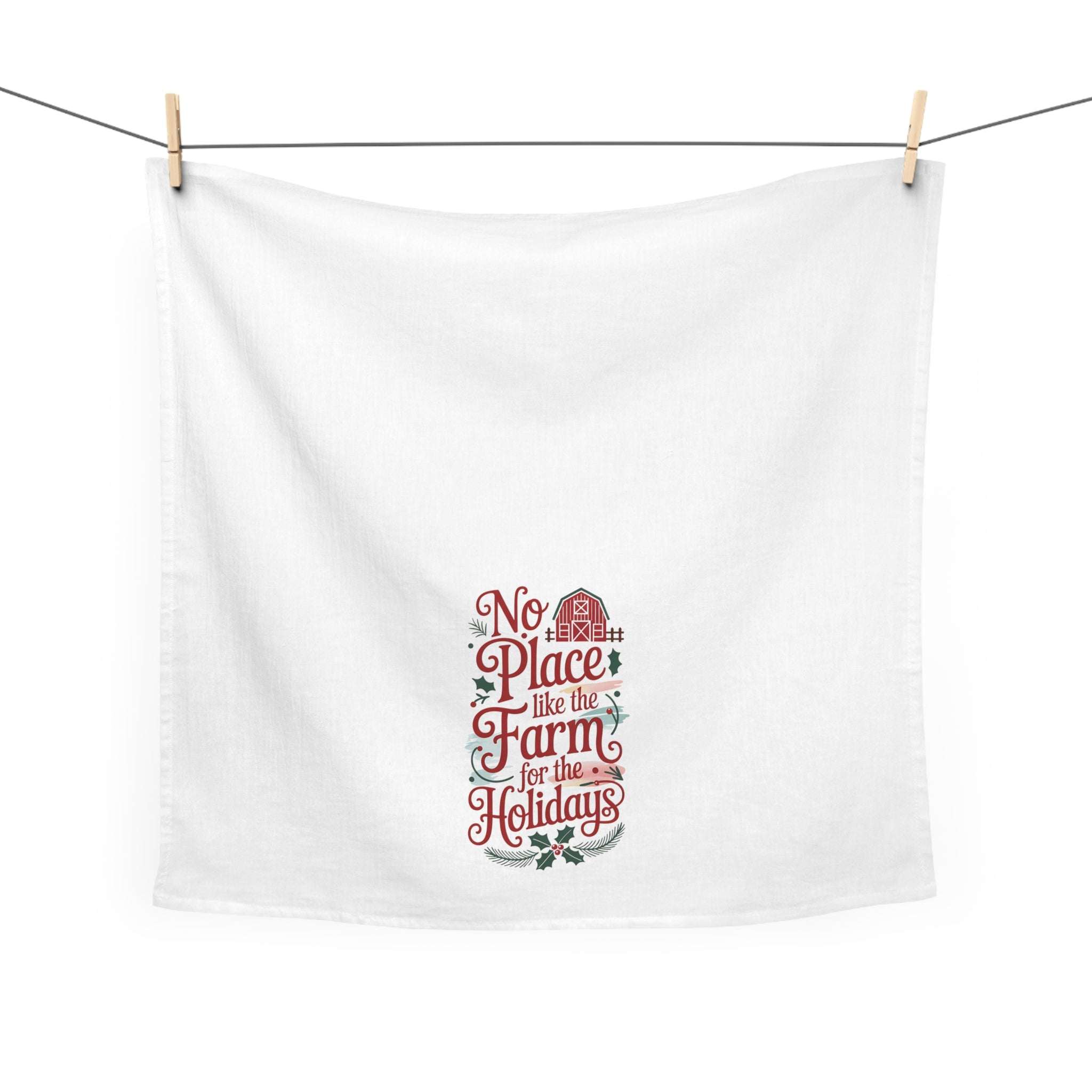 Farm Tea Towel with No Place Like the Farm for the Holidays design, 100% cotton, absorbent and fast-drying.