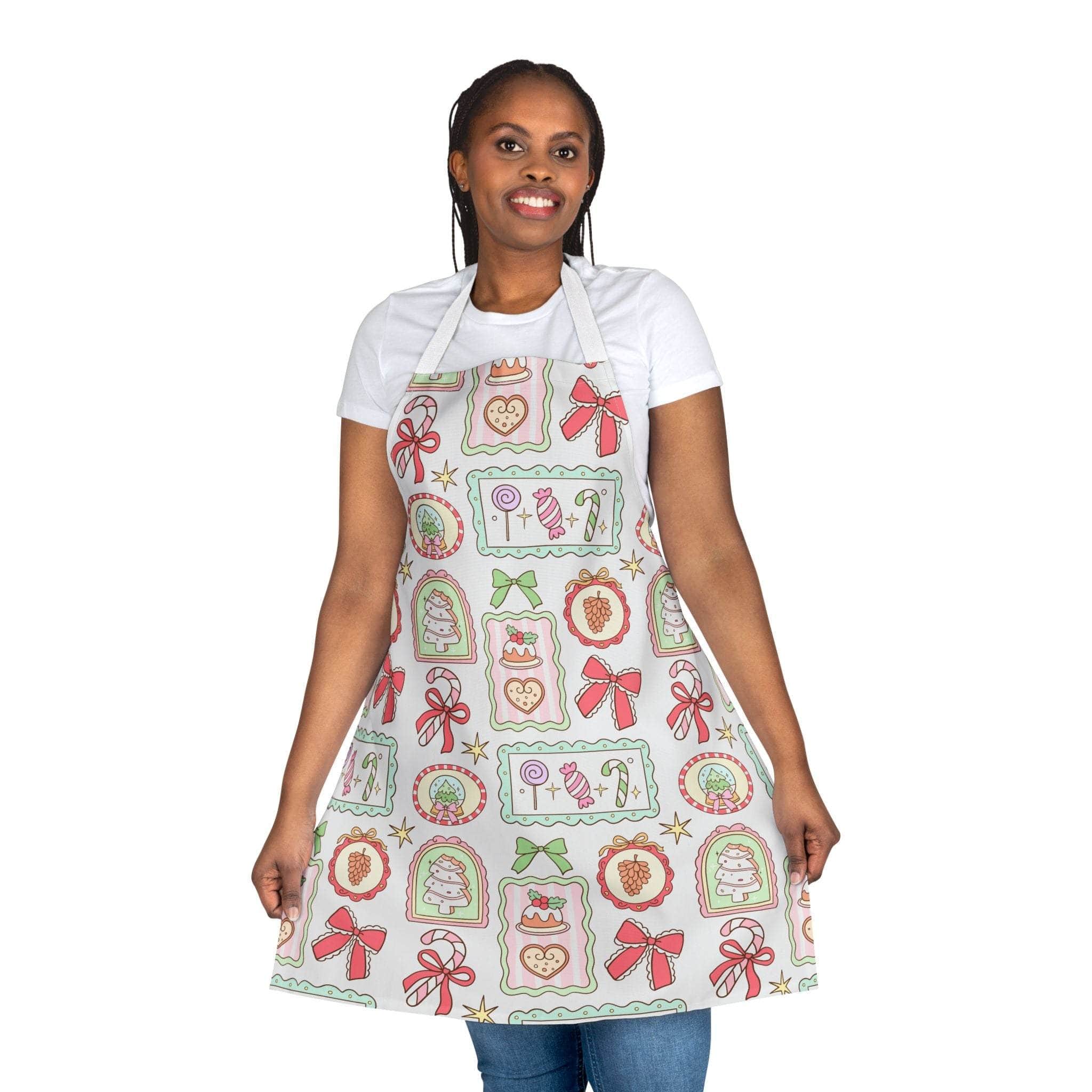 Woman wearing Retro Christmas Frames apron with festive bows and holiday motifs