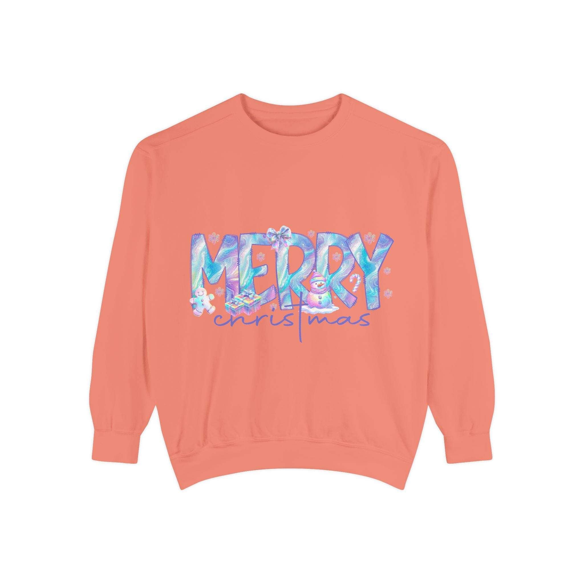 coral unisex sweatshirt with iridescent Merry Christmas design and ribbed cuffs and hem