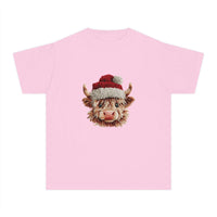 Youth tee featuring Santa Highland cow in faux crochet yarn style for Christmas.