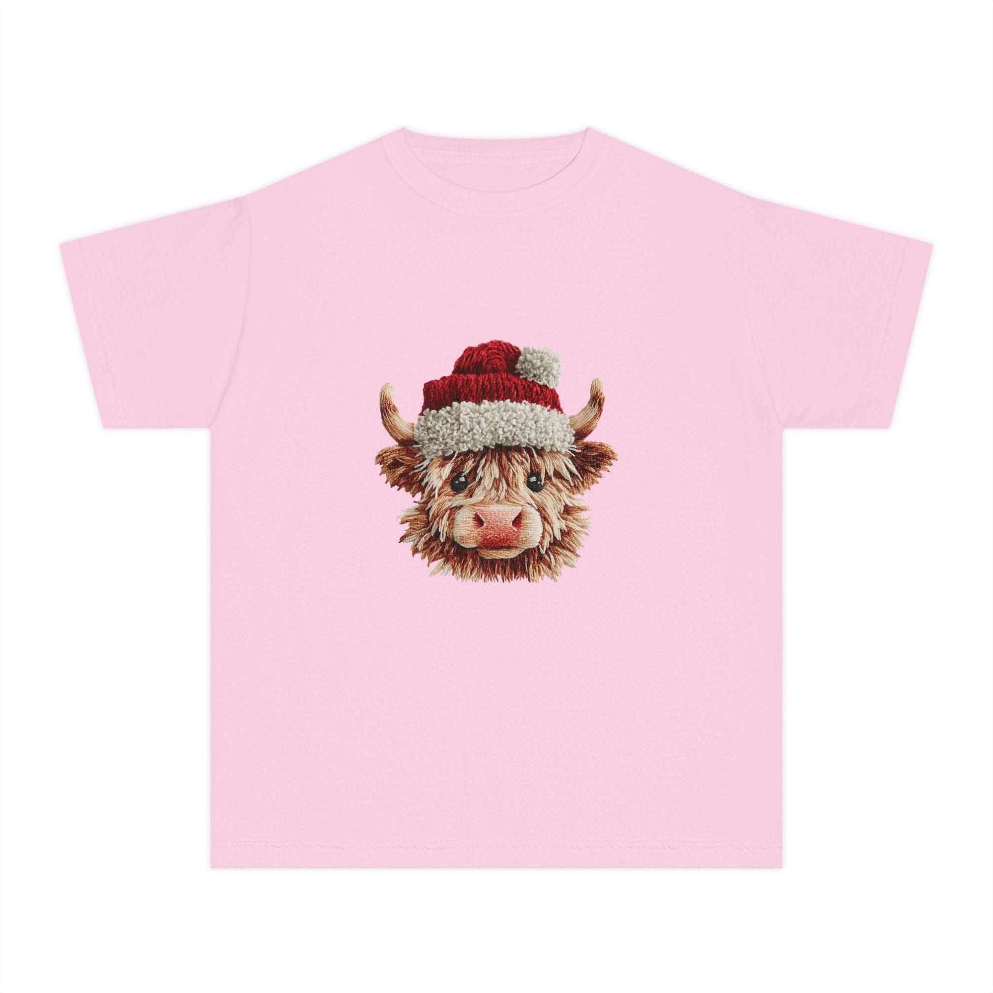 Youth tee featuring Santa Highland cow in faux crochet yarn style for Christmas.