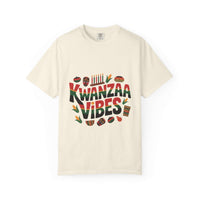 Garment-dyed Kwanzaa Vibes t-shirt in white, featuring a cultural celebration design, by Printify