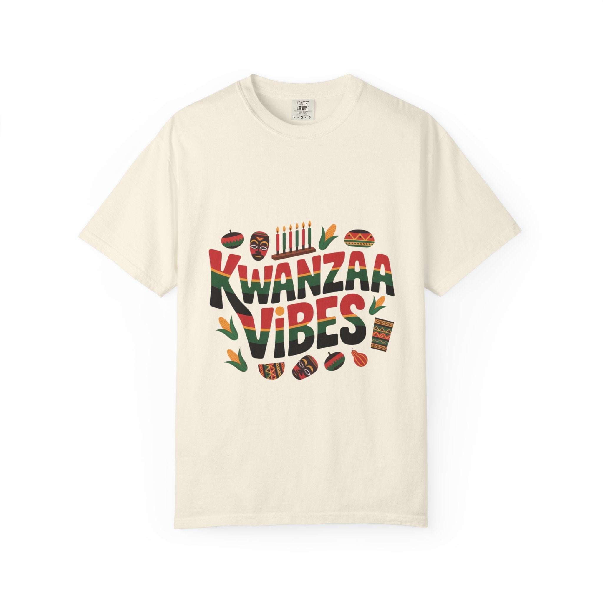 Garment-dyed Kwanzaa Vibes t-shirt in white, featuring a cultural celebration design, by Printify