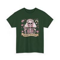 Bride Skull Illustration Tee with skeleton bride, roses, champagne flutes, and "Good brides say bad words" banner on white cotton shirt