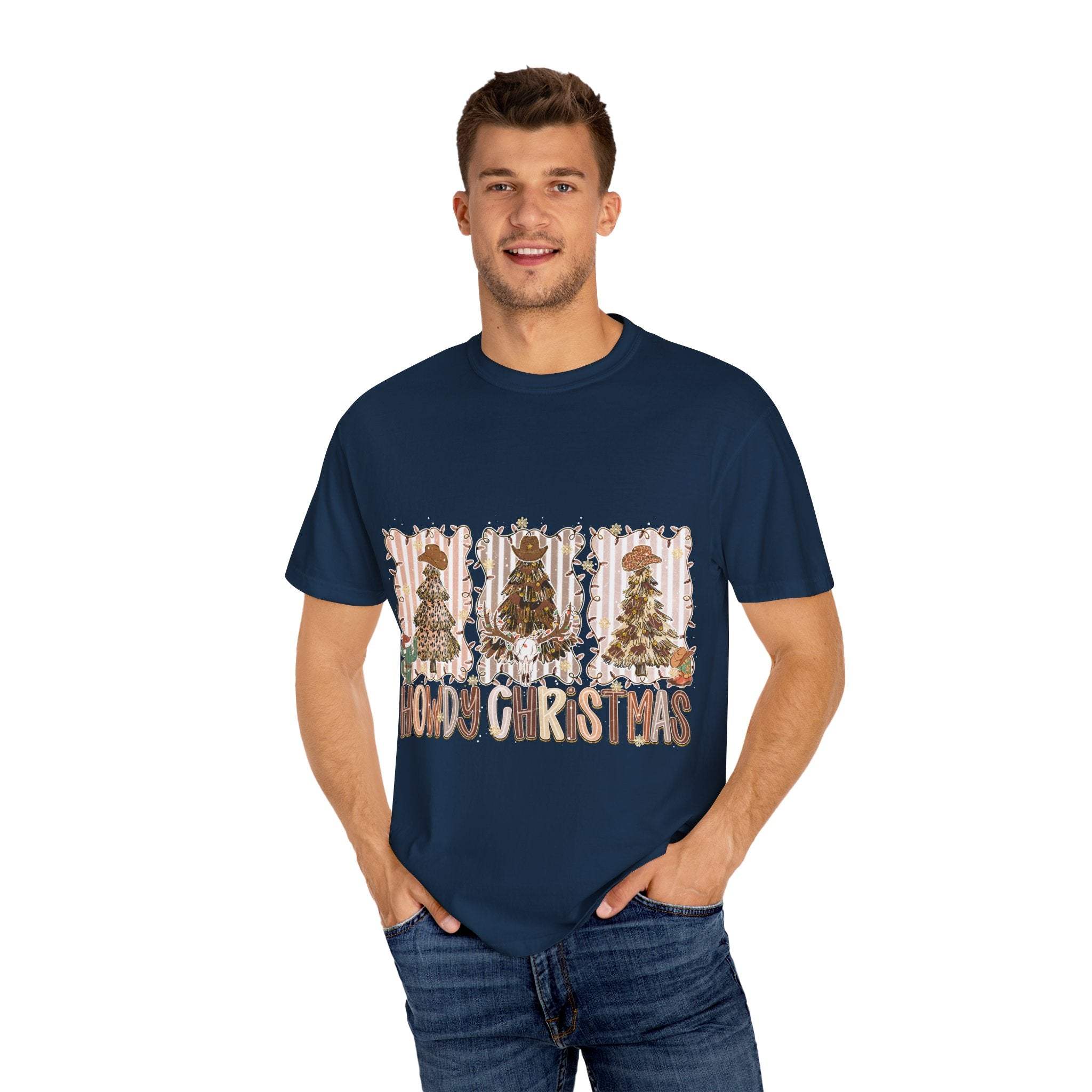 Man wearing navy Cowboy Howdy Christmas t-shirt with festive cowboy tree design