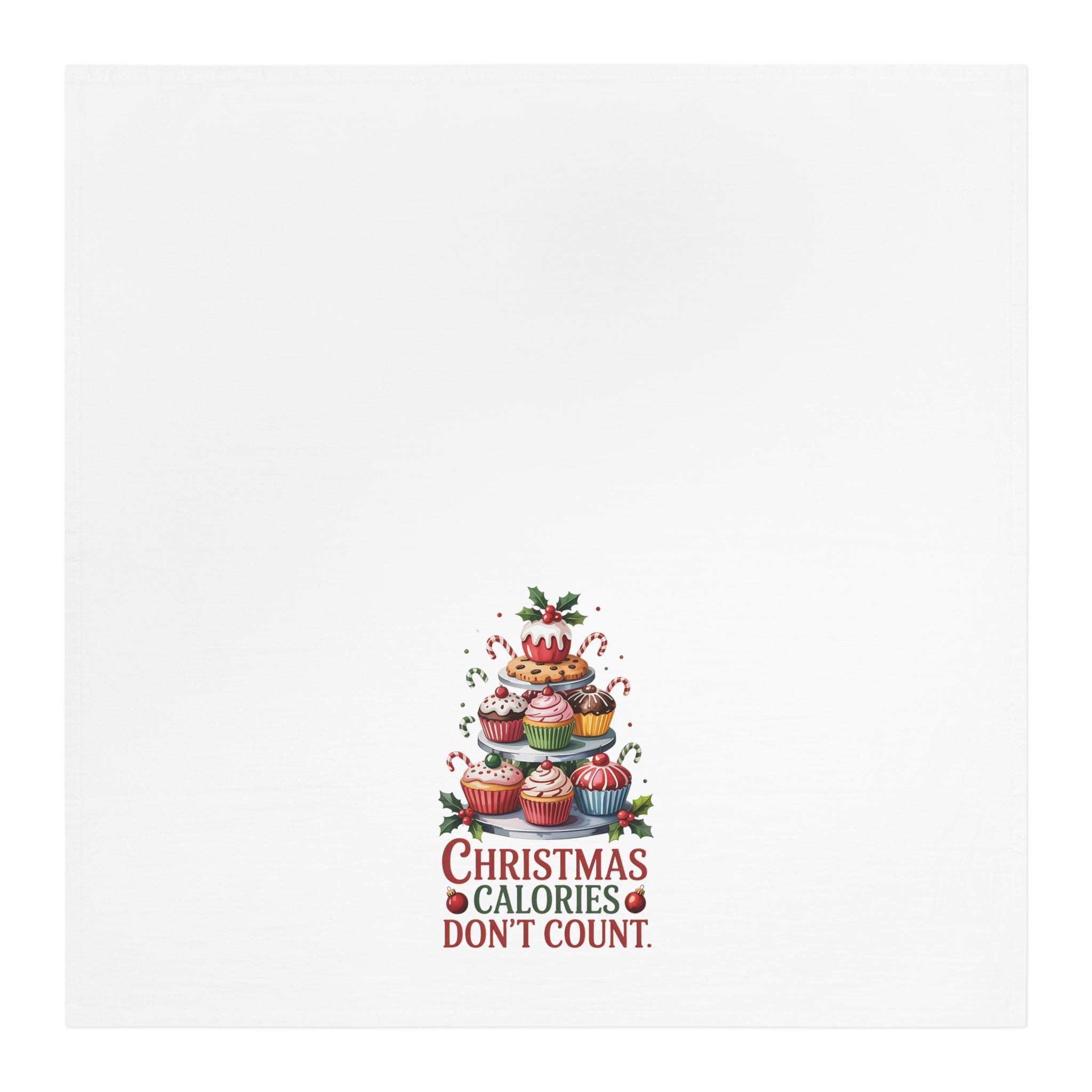 Kitchen towel Christmas with festive "Christmas calories don't count" cupcake design, 100% cotton, absorbent and durable