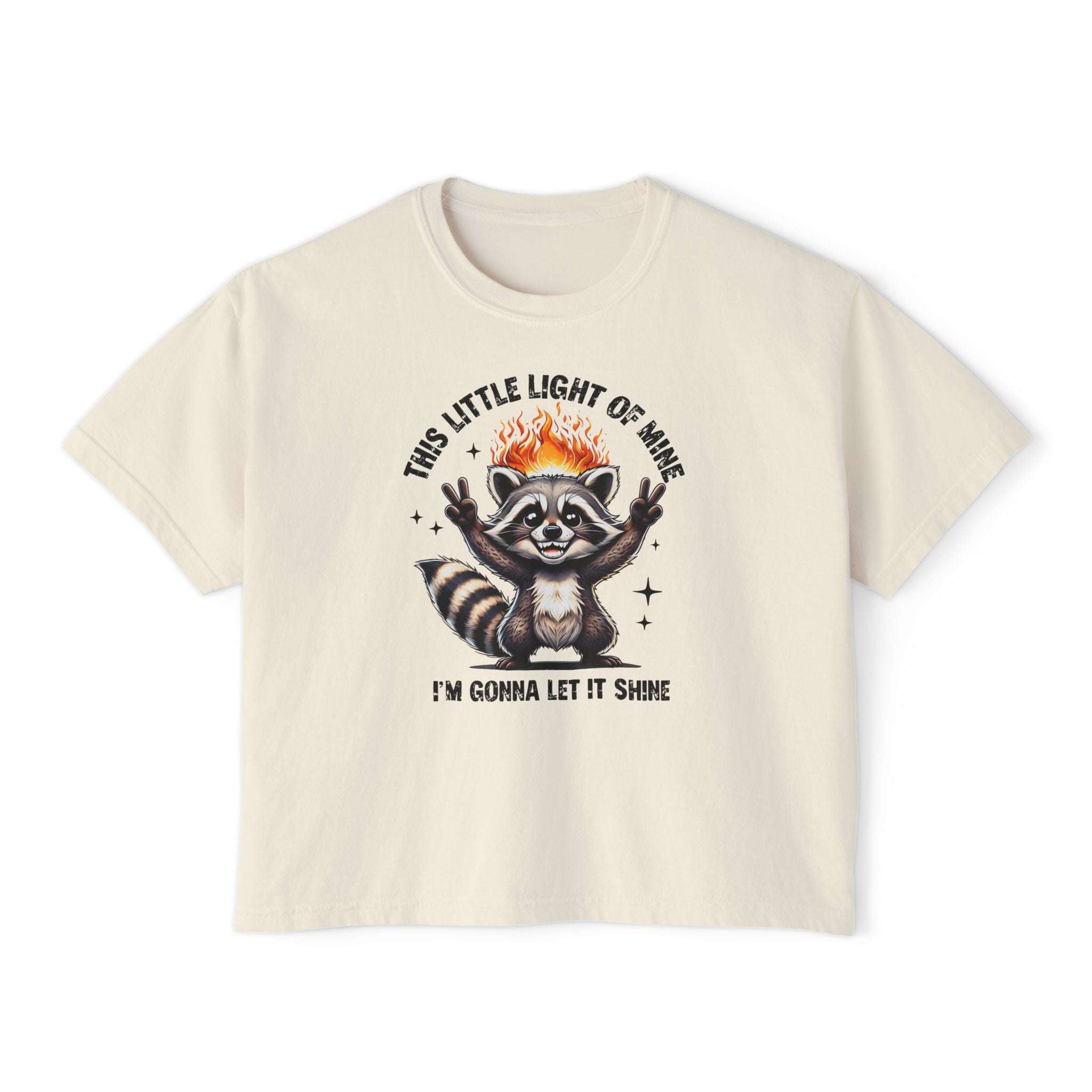 White boxy t-shirt featuring a sarcastic raccoon design, from Printify, perfect for casual and faith-based wear.