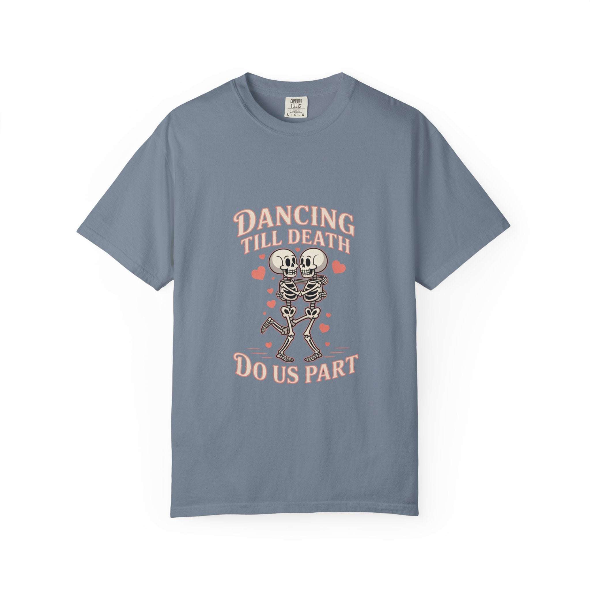Black heavyweight t-shirt with faded "Dancing Till Death Do Us Part" print, soft cotton, relaxed fit for music lovers and punk shows