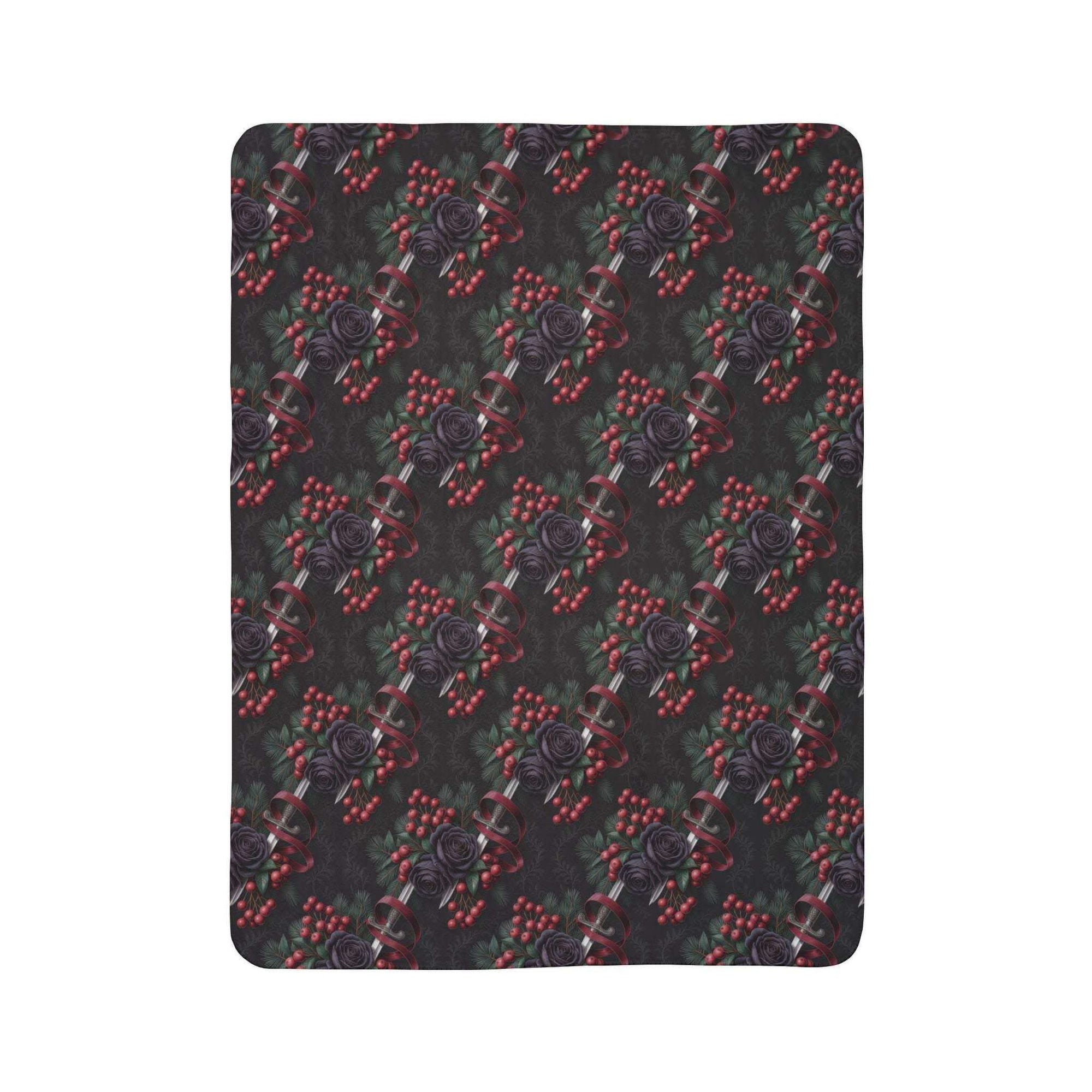 Gothmas black roses and daggers patterned fleece sherpa blanket with plush softness and dark gothic design