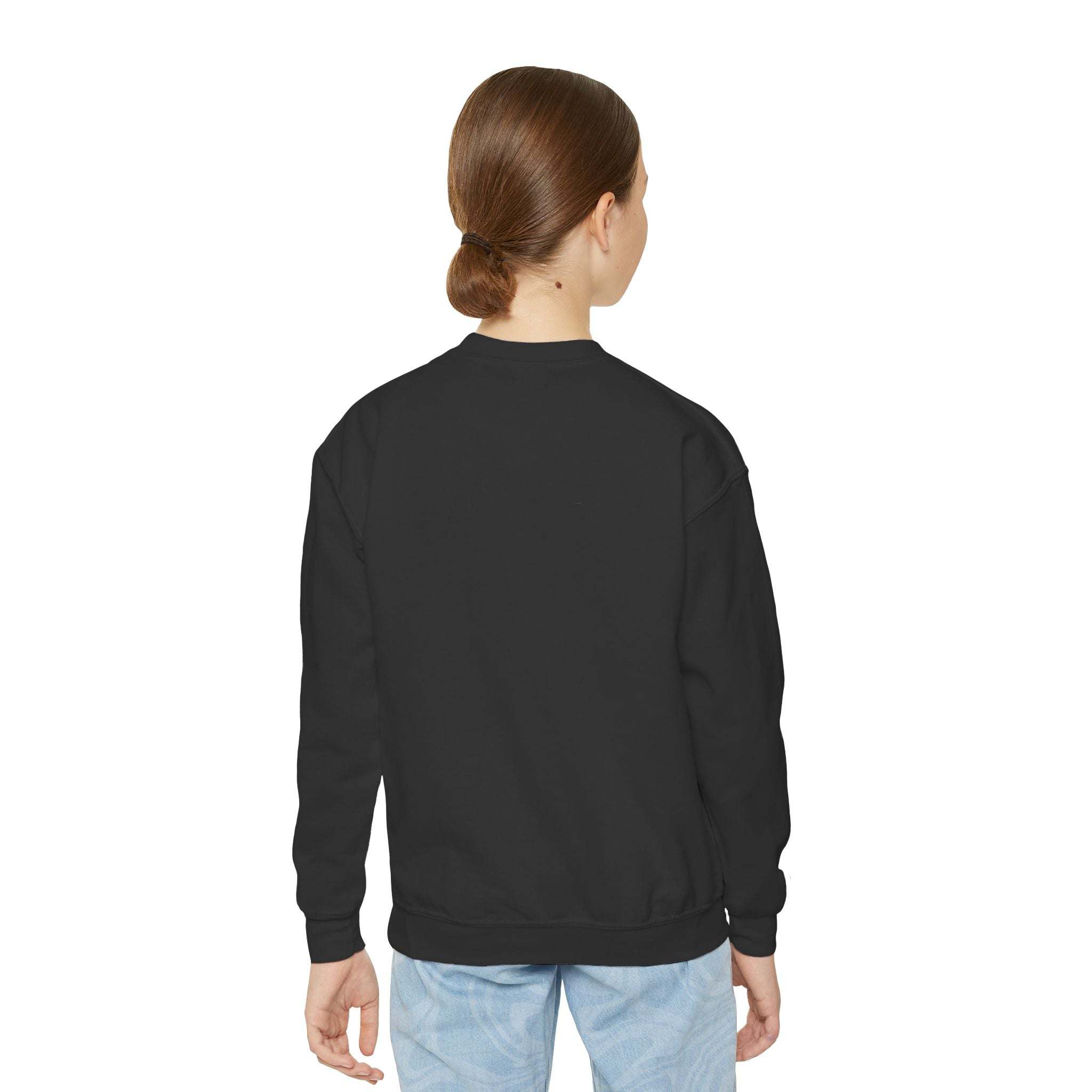 Back view of youth crewneck sweatshirt for kids with Pelican Santa Hat festive holiday design