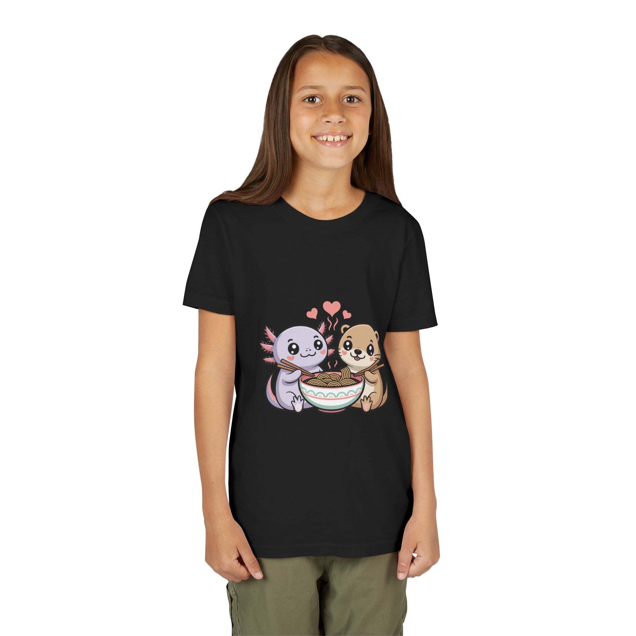 Child wearing black Axolotl & Otter Ramen kawaii animal youth t-shirt with cartoon axolotl and otter sharing a bowl of ramen.