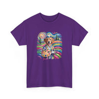 Golden retriever wearing artist beret holding paint palette on colorful artist dog t-shirt with rainbow swirls