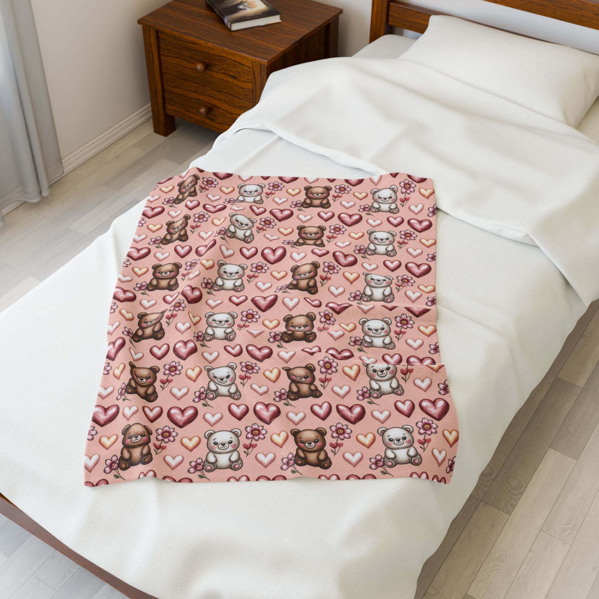 Kawaii Milk and Mocha Bears plush blanket with soft velveteen fabric and cute sleepy bear design