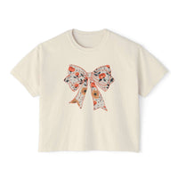Floral coquette bow design womens tee in butter color, boxy fit, vintage cotton material by Printify
