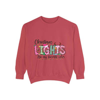 White garment-dyed sweatshirt featuring festive Christmas lights design by Printify