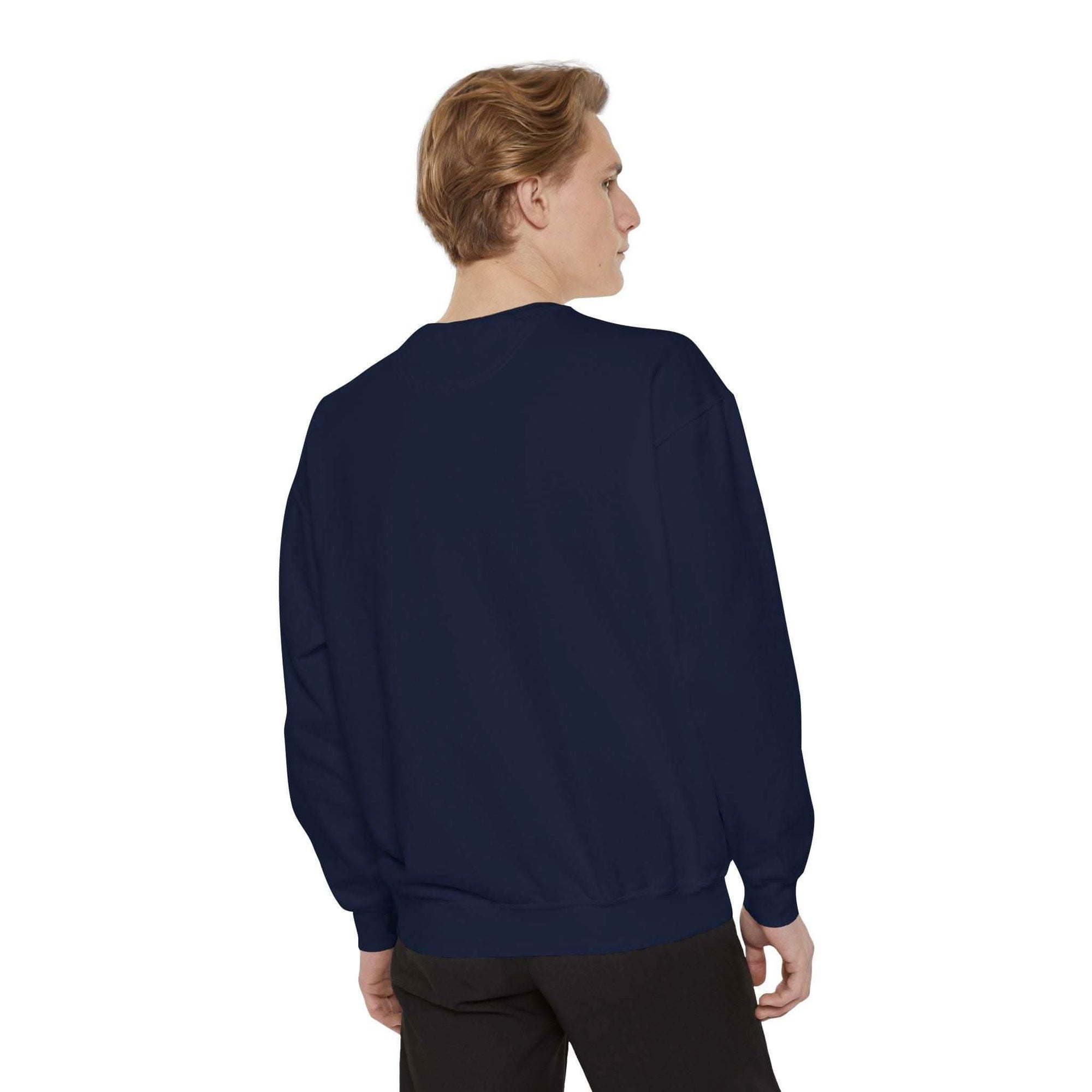 Vintage North Pole Book Club navy blue sweatshirt with ribbed collar, cuffs, and hem for a cozy winter fit