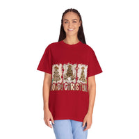 Cowboy Howdy Christmas red t-shirt with festive cowboy tree design worn by smiling woman