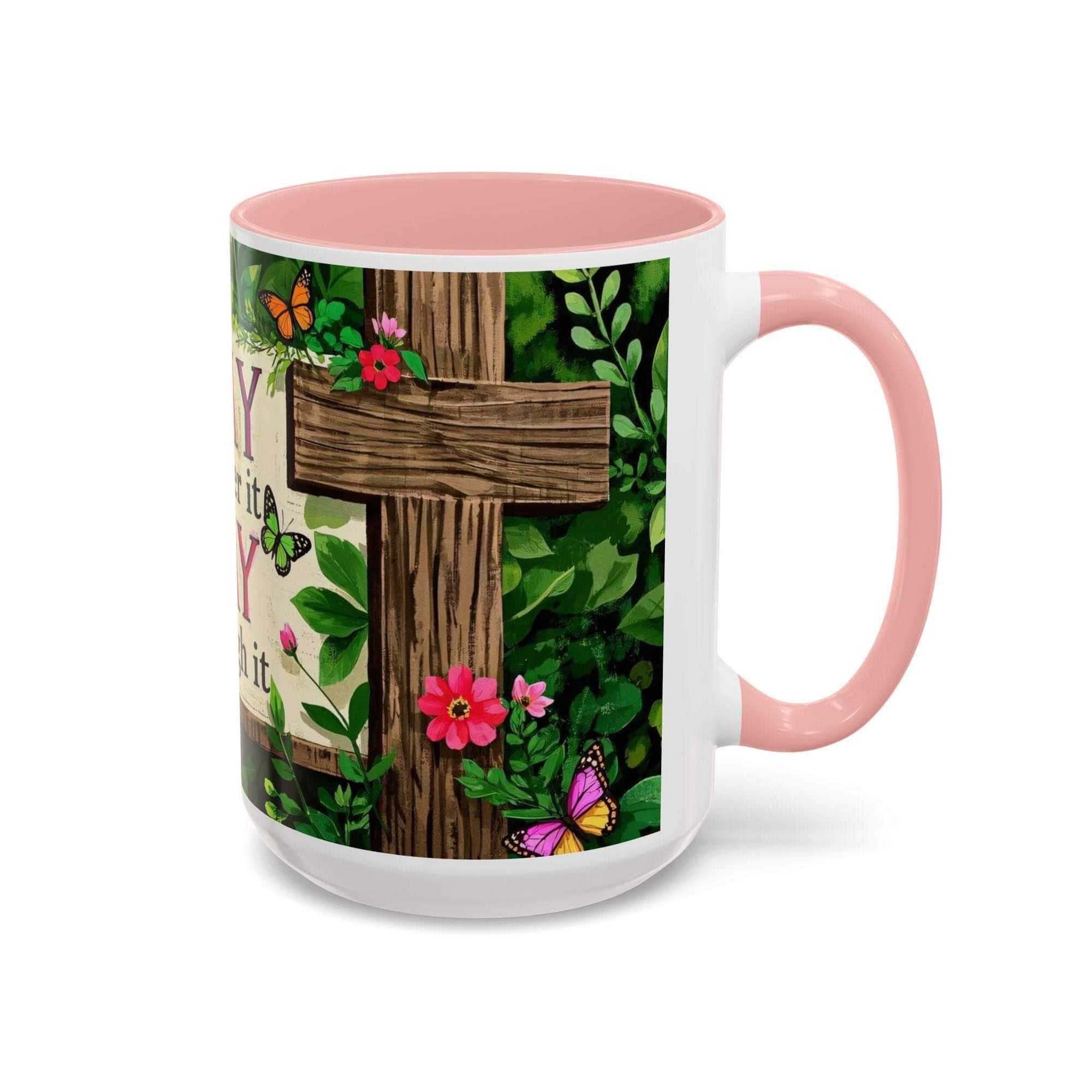 Mug with a cross and floral design on a white background