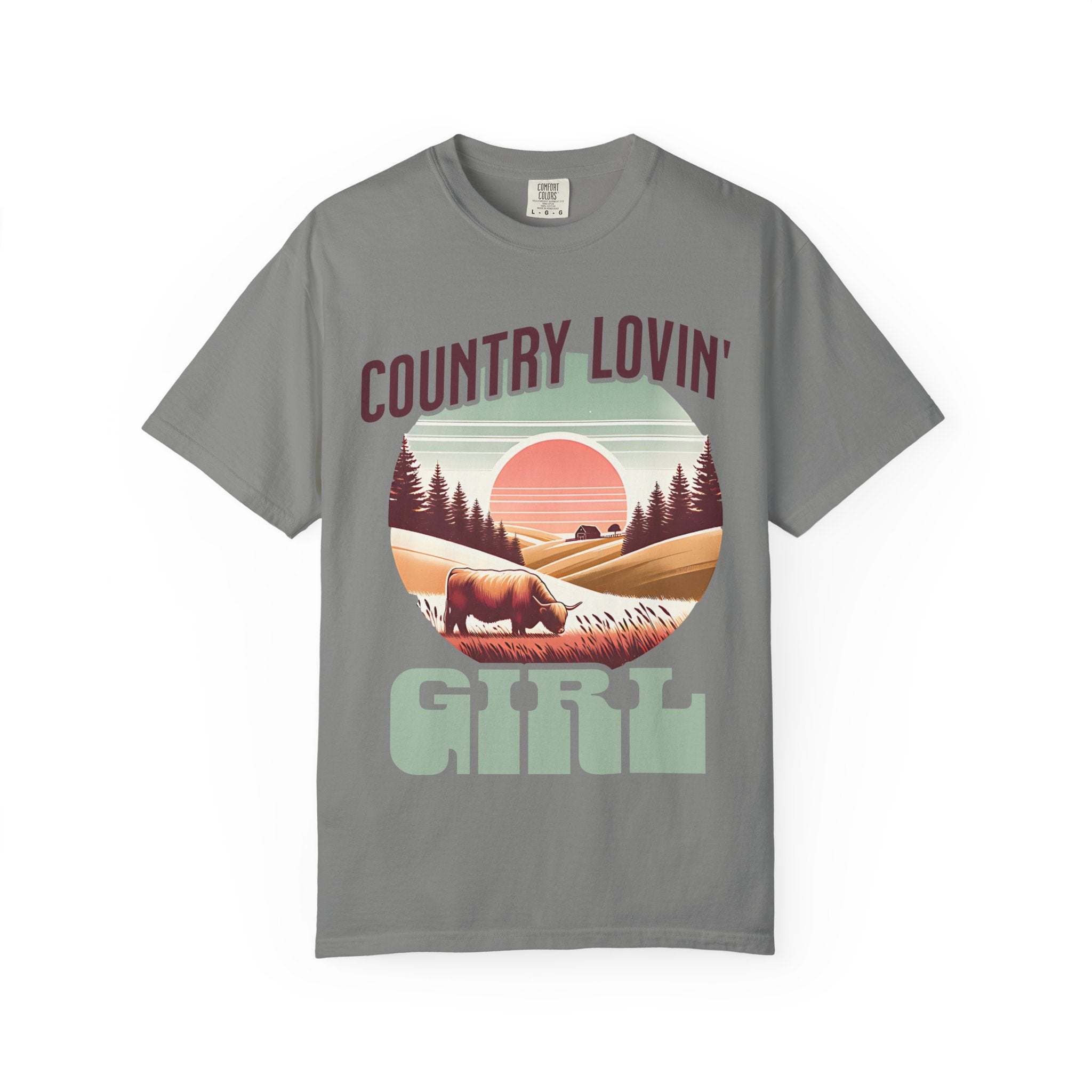 Grey Country Lovin Girl T-shirt with vintage countryside sunset and cattle graphic