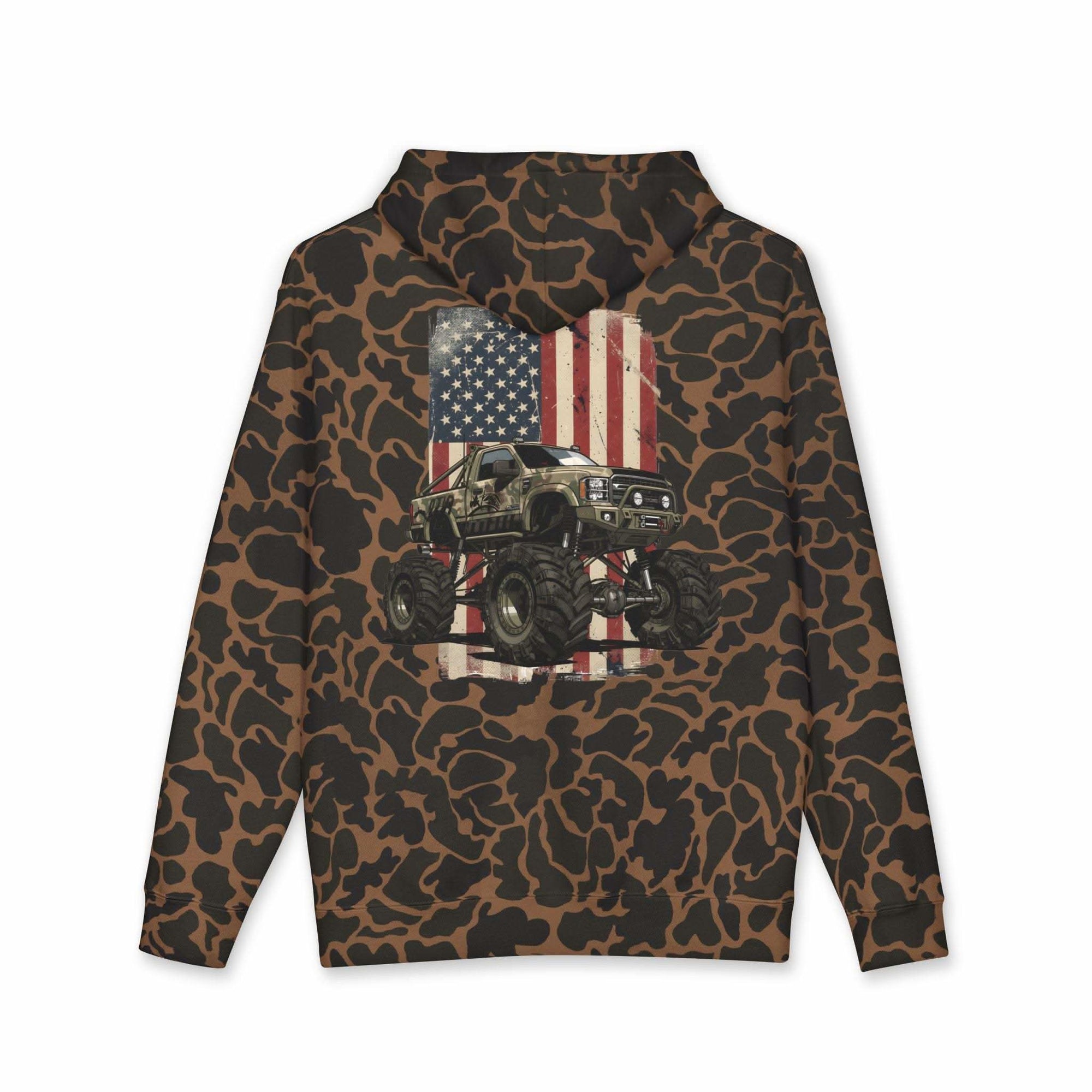 American Flag Monster Truck hoodie with camouflage truck graphic and distressed flag background