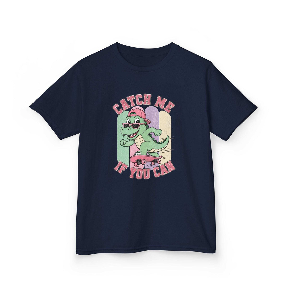 Navy kids skateboarding dinosaur T-shirt with a green dino wearing a pink cap and sunglasses, plus “Catch Me If You Can” text.