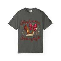 Unisex Sass All Night t-shirt in black, featuring playful design, perfect for casual and festive wear.
