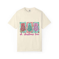 Oh Christmas Tree T-shirt with colorful decorated Christmas trees on cream garment-dyed fabric