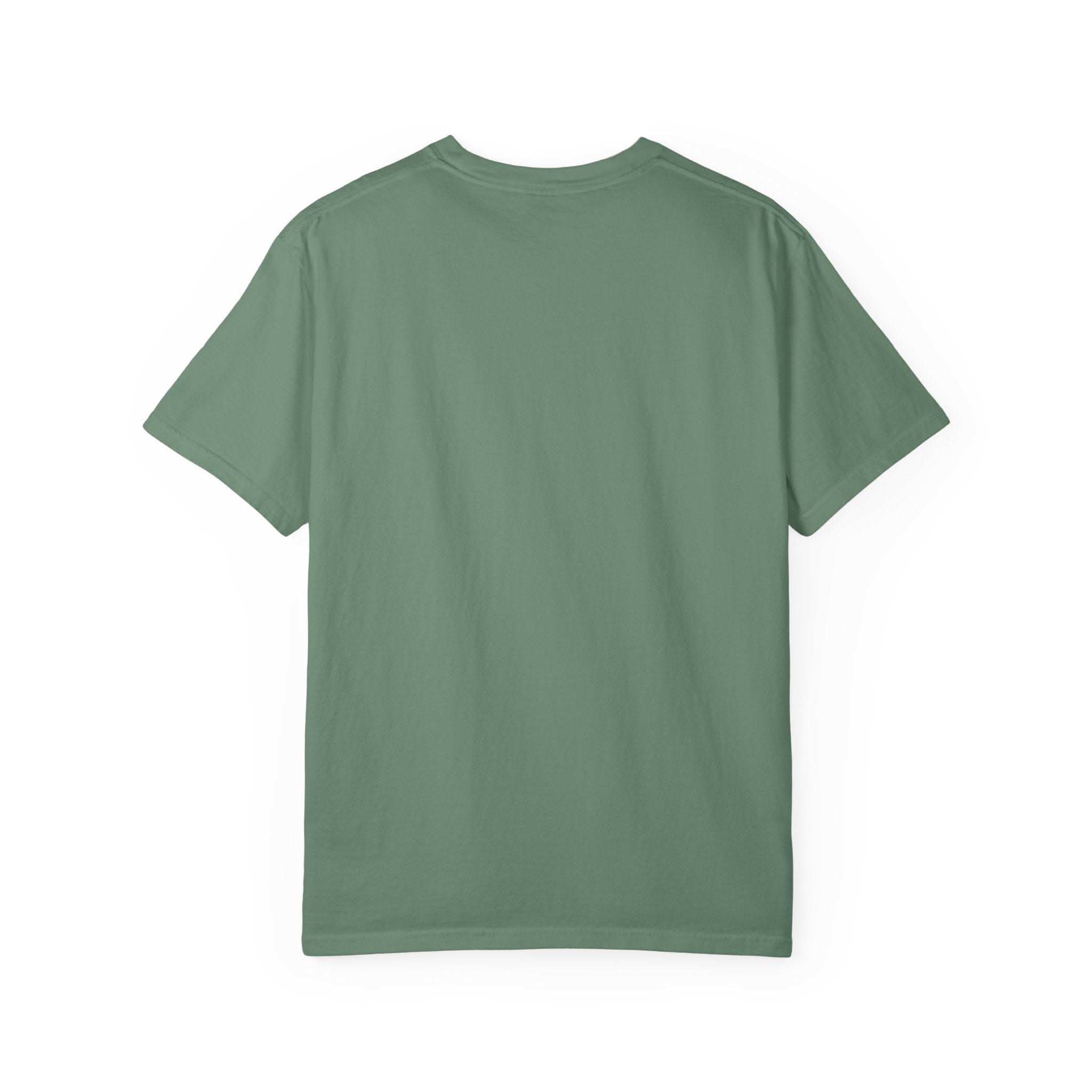 Retro Santa Highland Cow graphic on green cotton T-shirt