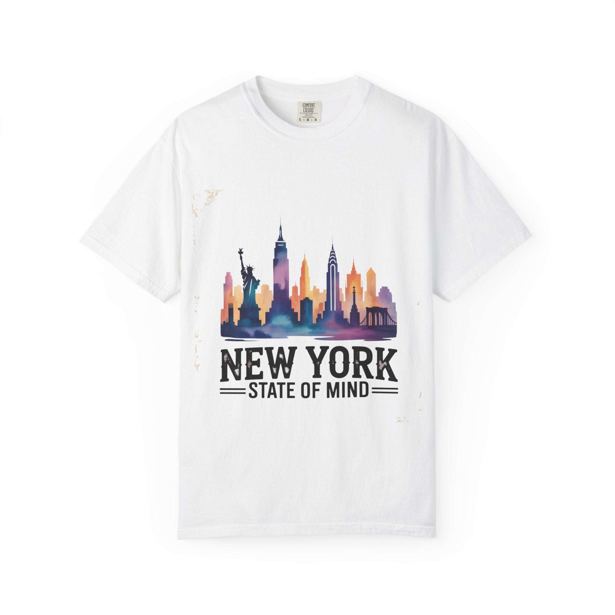 Garment-dyed white T-shirt with New York State of Mind skyline design, soft 100% cotton, durable double stitching, casual NYC pride tee