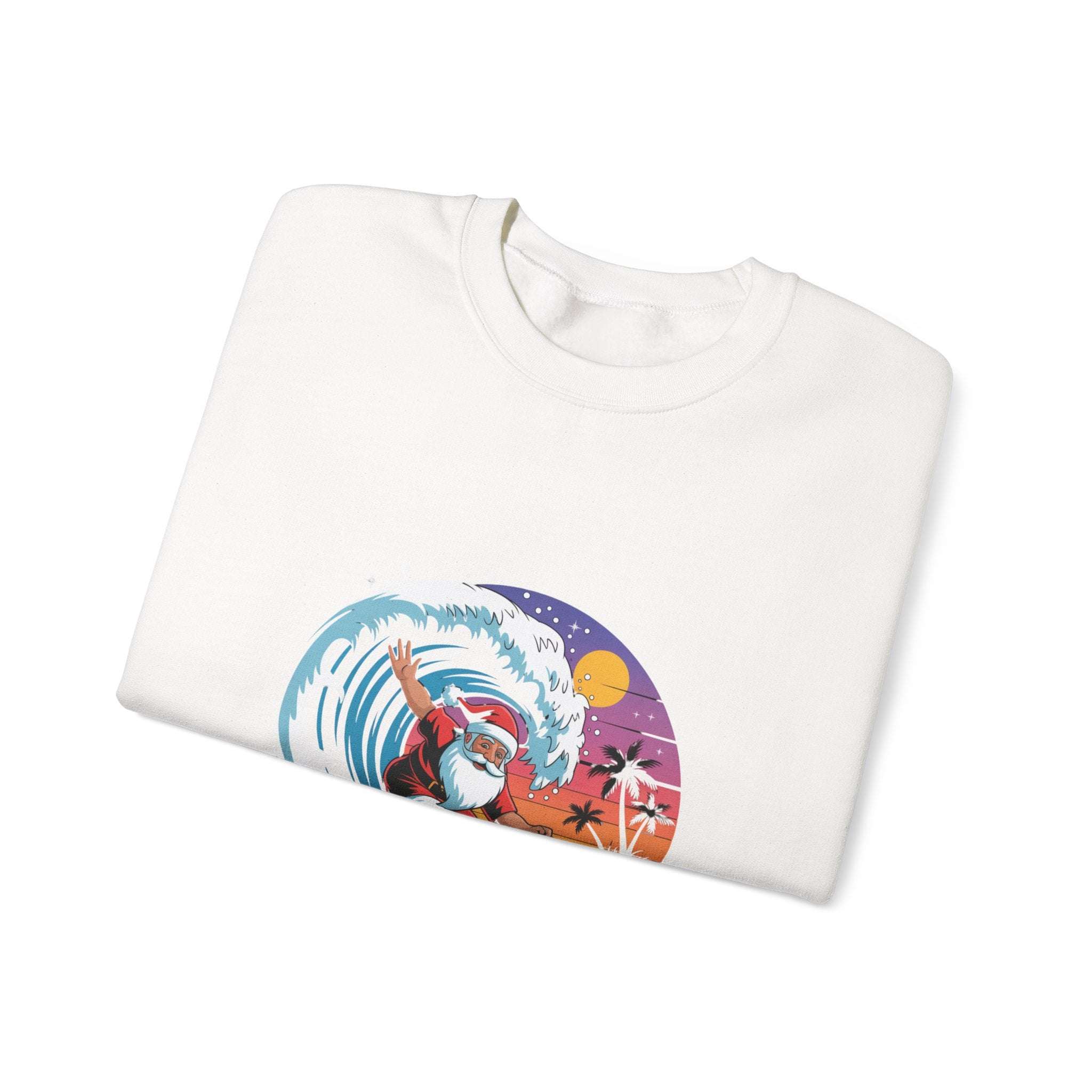Navy Santa sweatshirt featuring a surfing design, perfect for holiday beachwear by Printify.