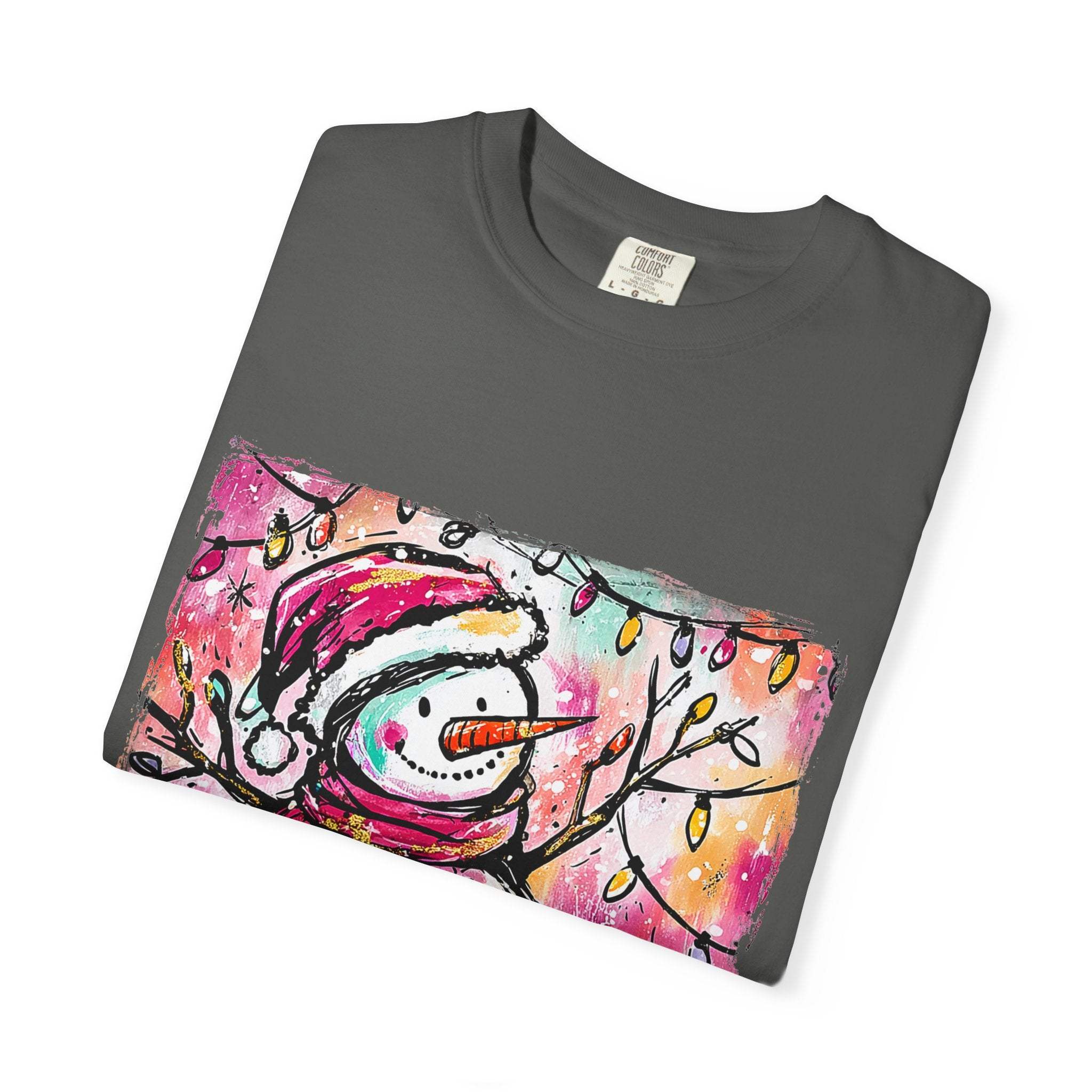 White unisex t-shirt featuring colorful disco ball snowman design, perfect for Christmas and dance parties by Printify