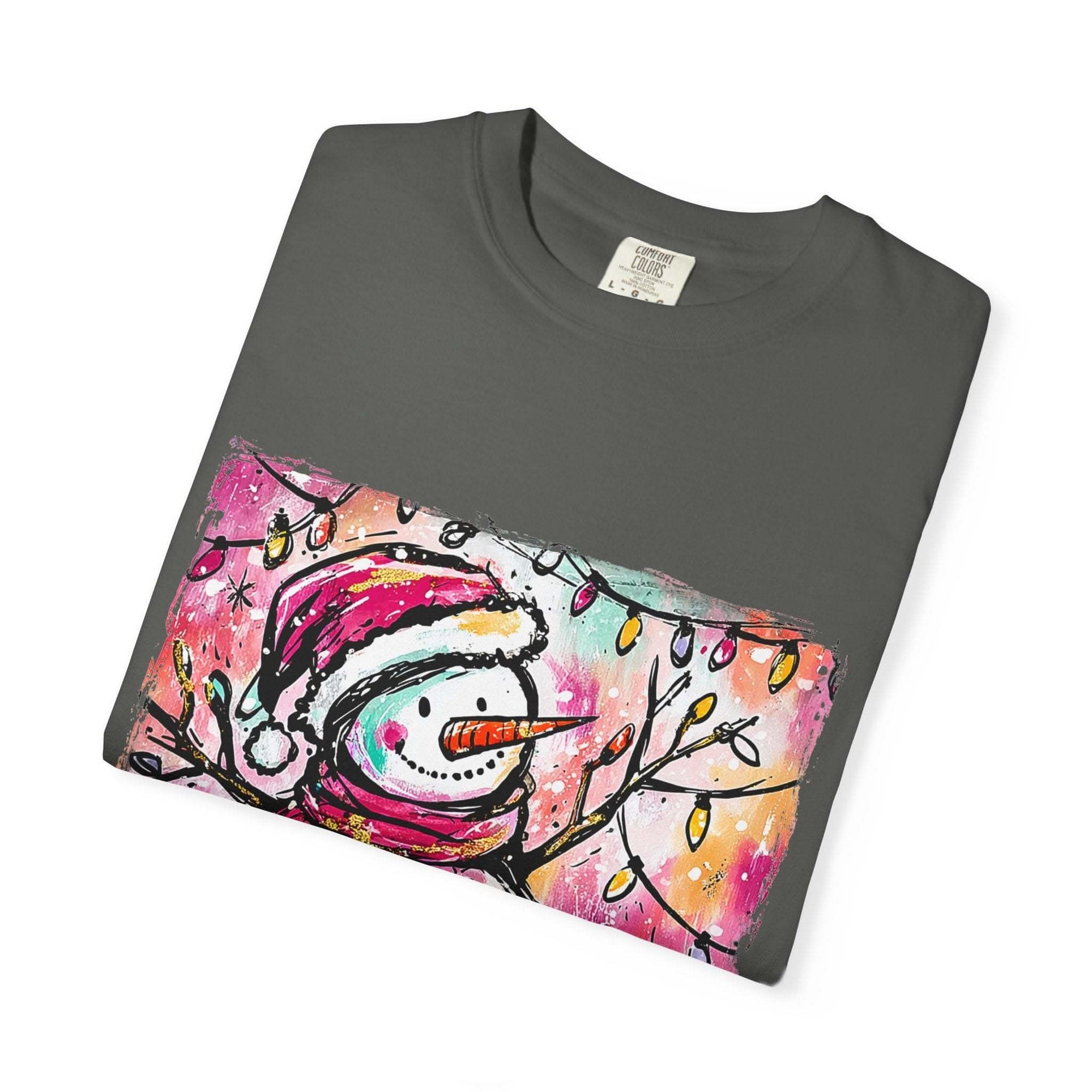 White unisex t-shirt featuring colorful disco ball snowman design, perfect for Christmas and dance parties by Printify