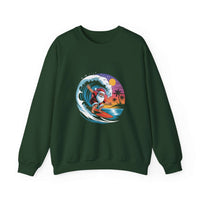 Navy Santa sweatshirt featuring a surfing design, perfect for holiday beachwear by Printify.