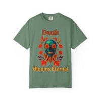 White unisex t-shirt featuring gothic skull floral design, perfect for heavy metal and Halloween enthusiasts by Printify