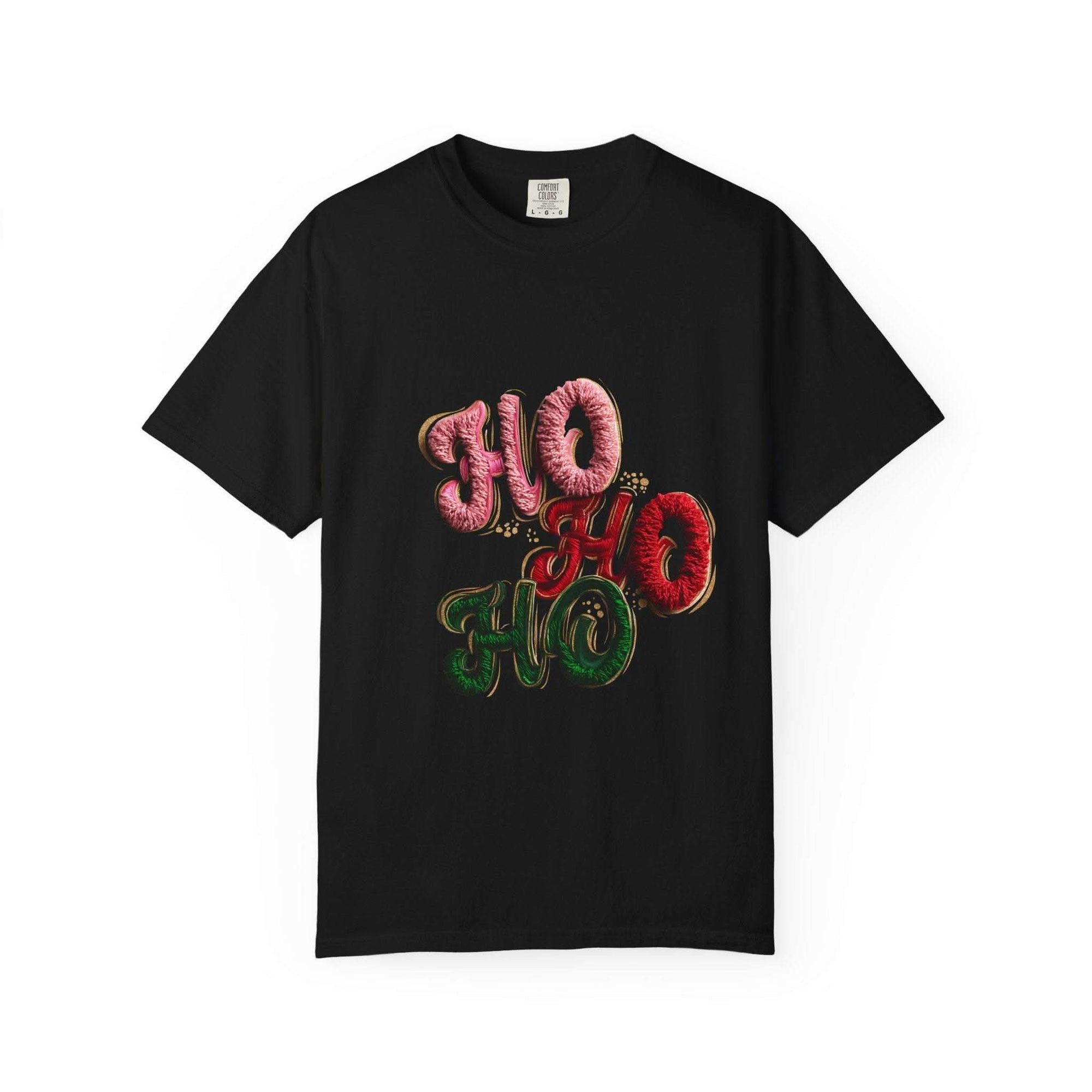 White Christmas graphic tee featuring faux puffy crochet 'Ho, Ho, Ho' design by Printify