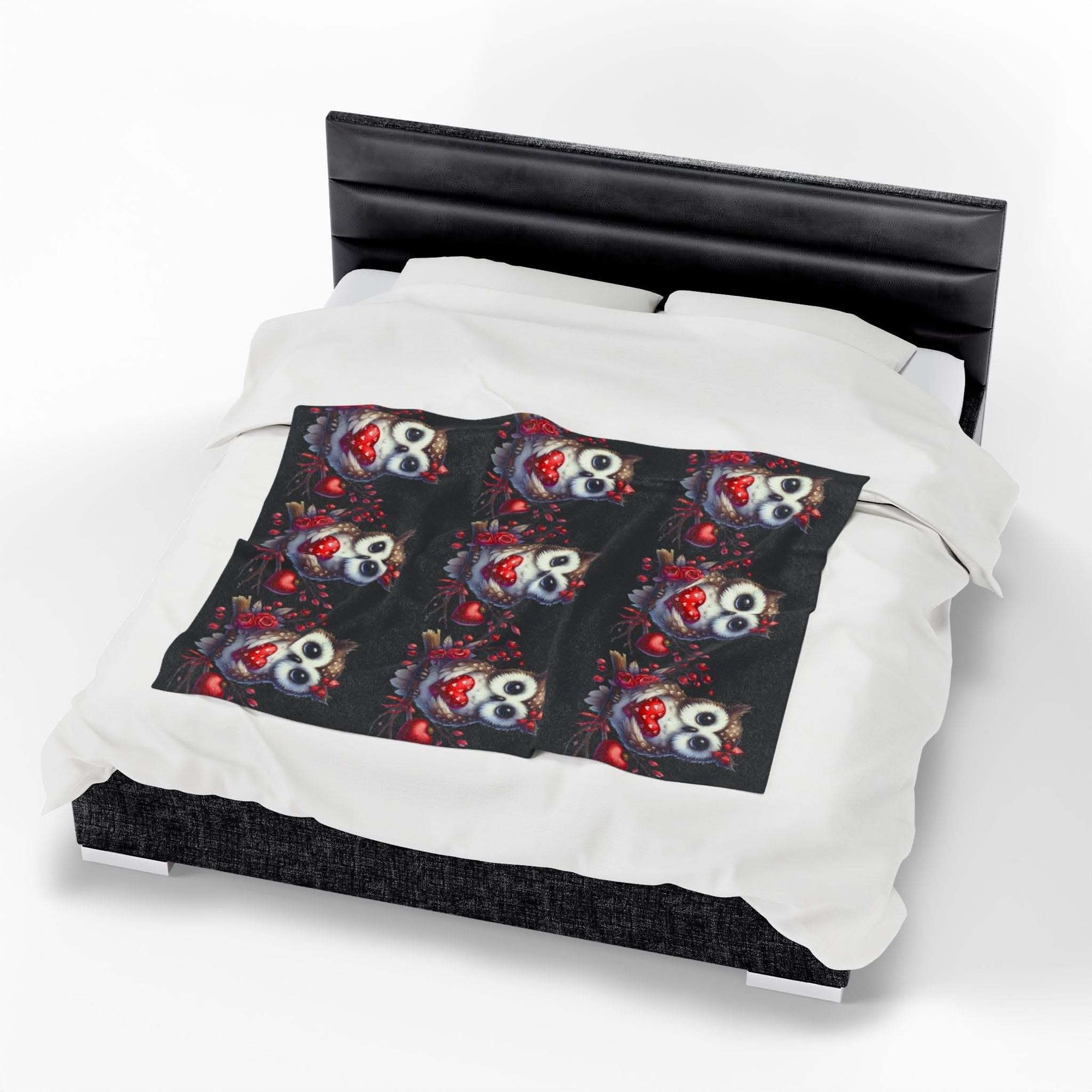 Floral Valentine Owl plush blanket with detailed heart and blossoms design
