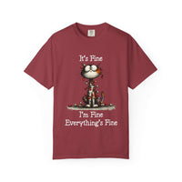 Red cat t-shirt with sarcastic "It's Fine I'm Fine Everything's Fine" text and small cat illustration
