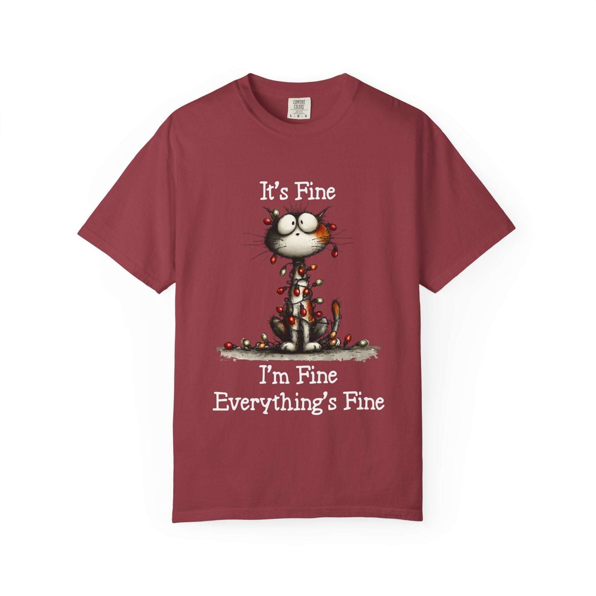 Red cat t-shirt with sarcastic "It's Fine I'm Fine Everything's Fine" text and small cat illustration