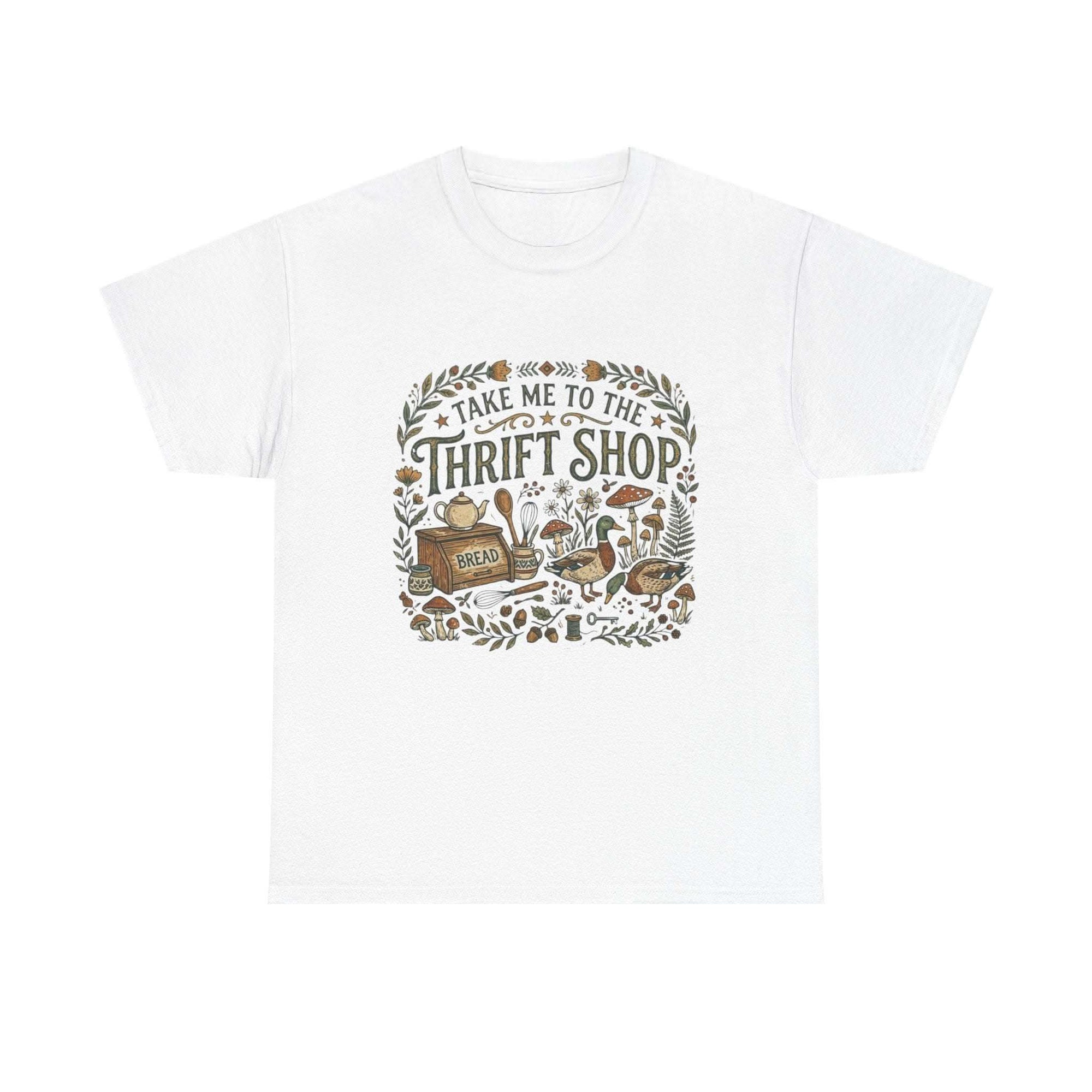 Vintage thrift shop t-shirt with botanical and mushroom illustration, cottagecore design, and hand-lettered text.