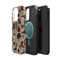 Cowboy Christmas design phone case for iPhone 17 in glossy finish by Printify, featuring festive colors and patterns.