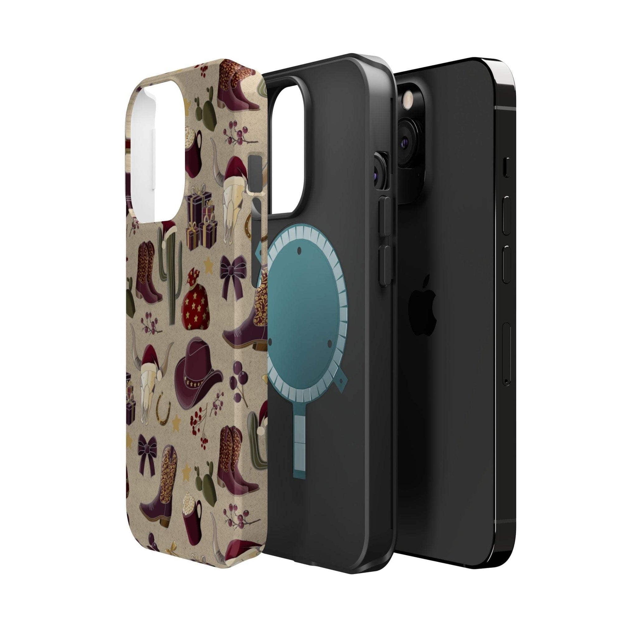 Cowboy Christmas design phone case for iPhone 17 in glossy finish by Printify, featuring festive colors and patterns.