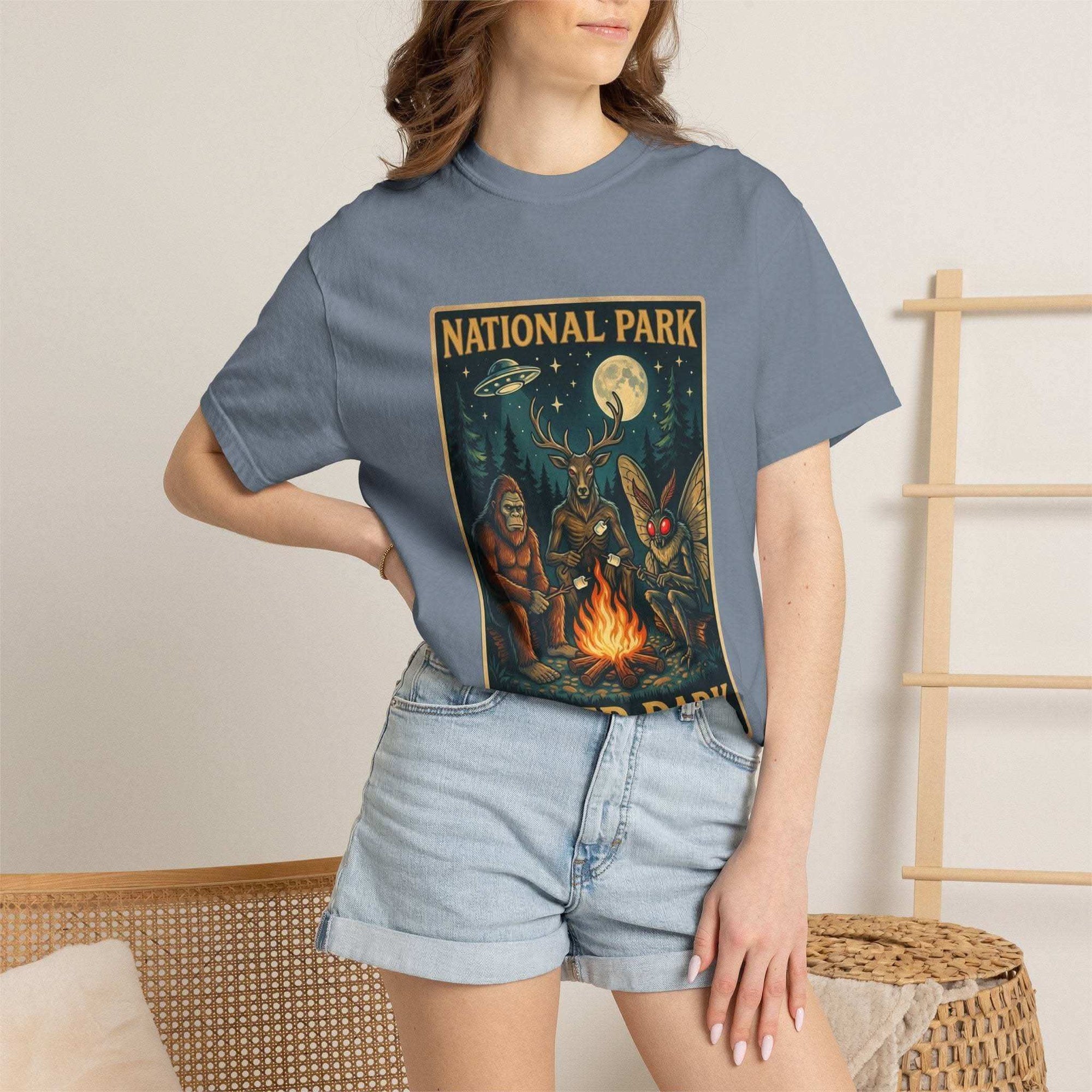 National Park After Dark t-shirt with campfire, Sasquatch, Mothman, and night forest creatures design
