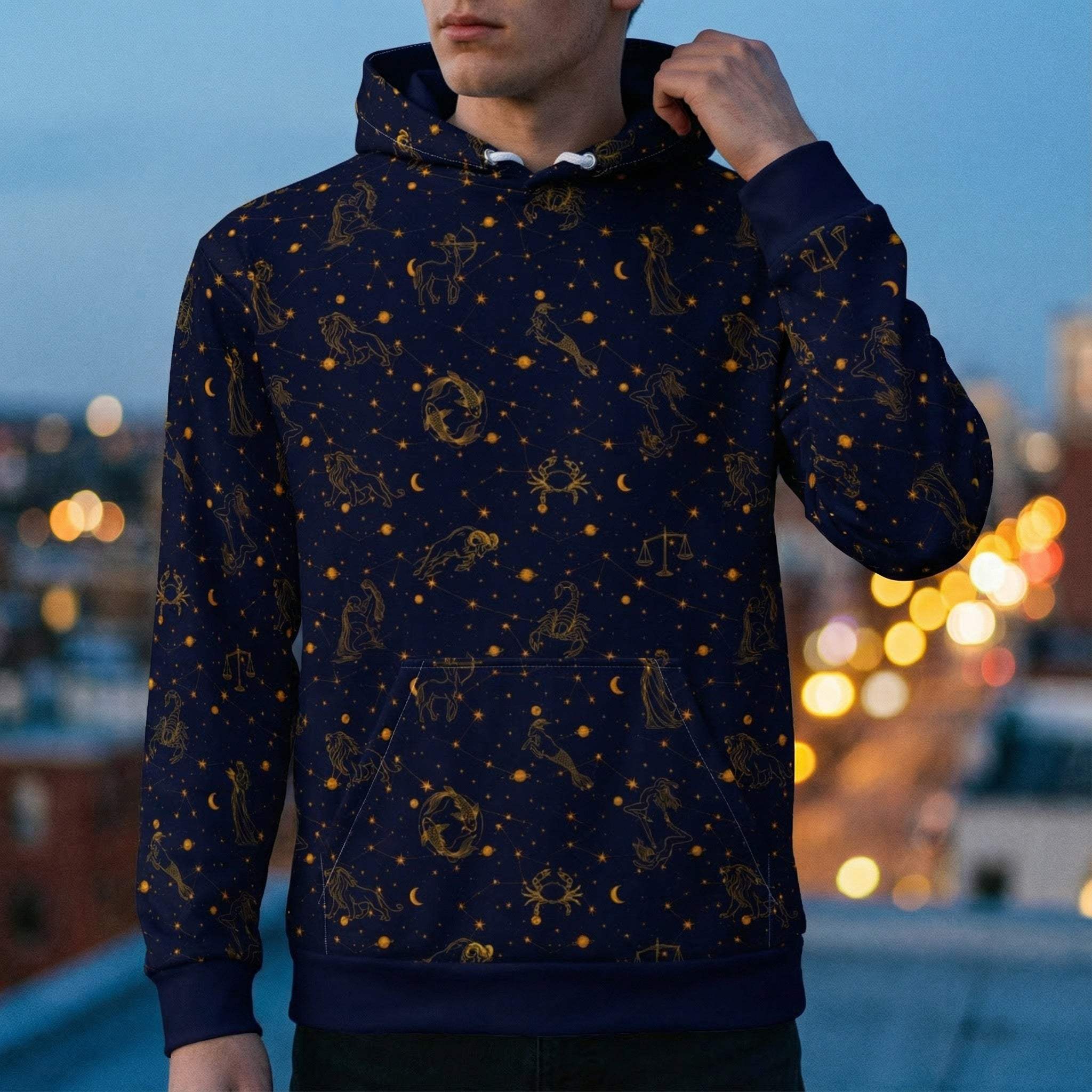 Blue Zodiac Constellation hoodie with celestial print on soft unisex cotton pullover